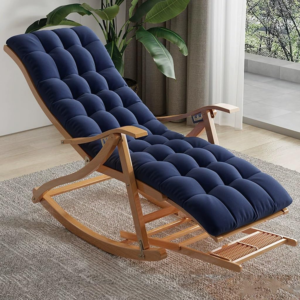Chaise longue pliante en bambou inclinable avec coussin réglable bleu