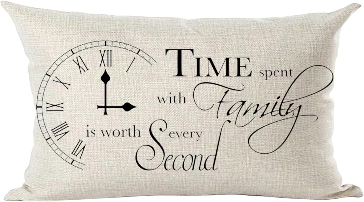 Ramirar Black Word Art Quote Time Spent with Family Every Second is Worth Clock Decorative Lumbar Throw Pillow Cover Case Home Living Room Bed Sofa Car Cotton Linen Rectangular 12 x 20 Inches
