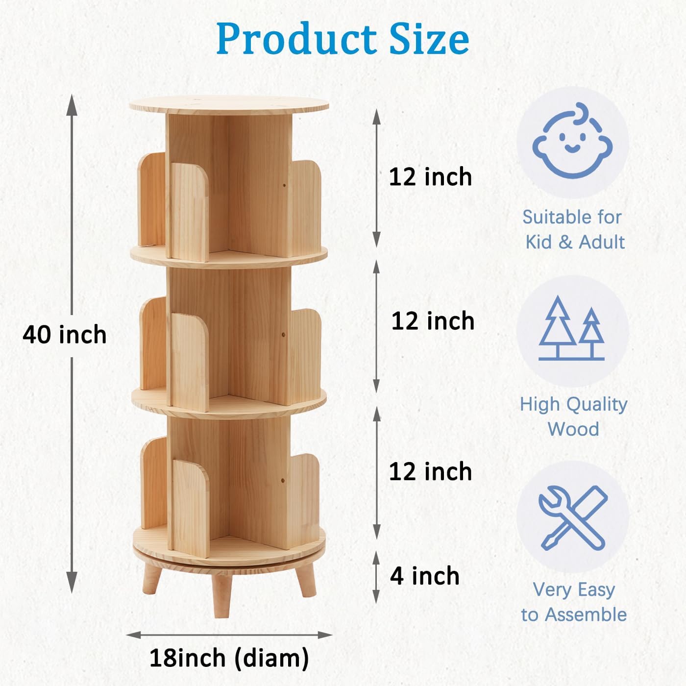 Gdrasuya10 3 Tier Rotating Bookshelf with Legs, Revolving Bookcase Floor Standing Book Shelf 360 Display Bookcase Round Bookshelf Corner Book Shelf Easy Assemble for Bedroom
