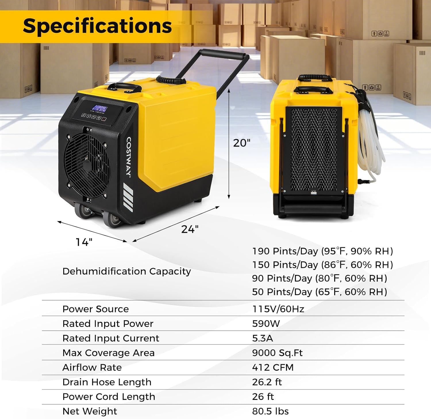 Diagram showing product dimensions and a table of specifications
