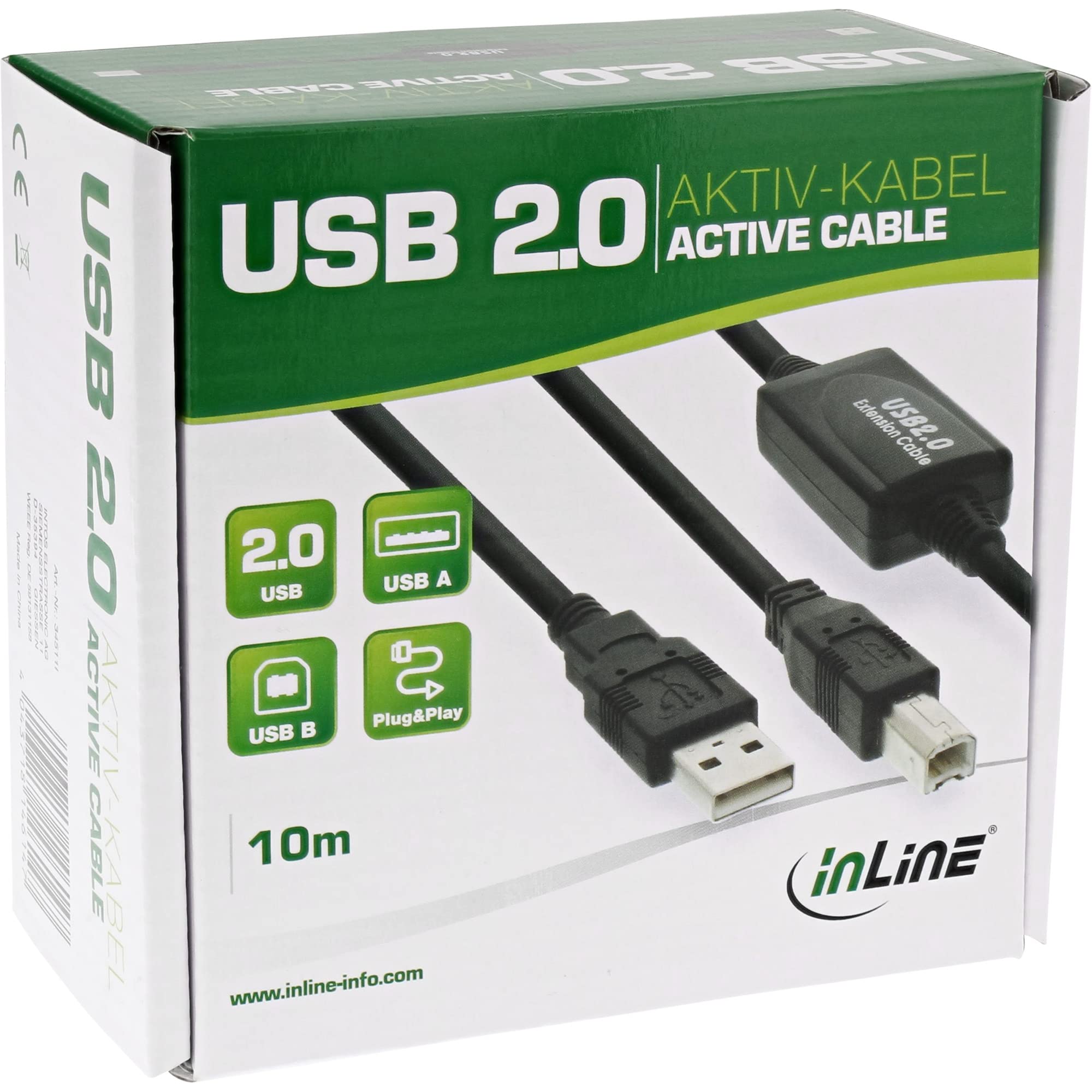 InLine® 10 m aktywny kabel USB 2.0 A do B - czarny