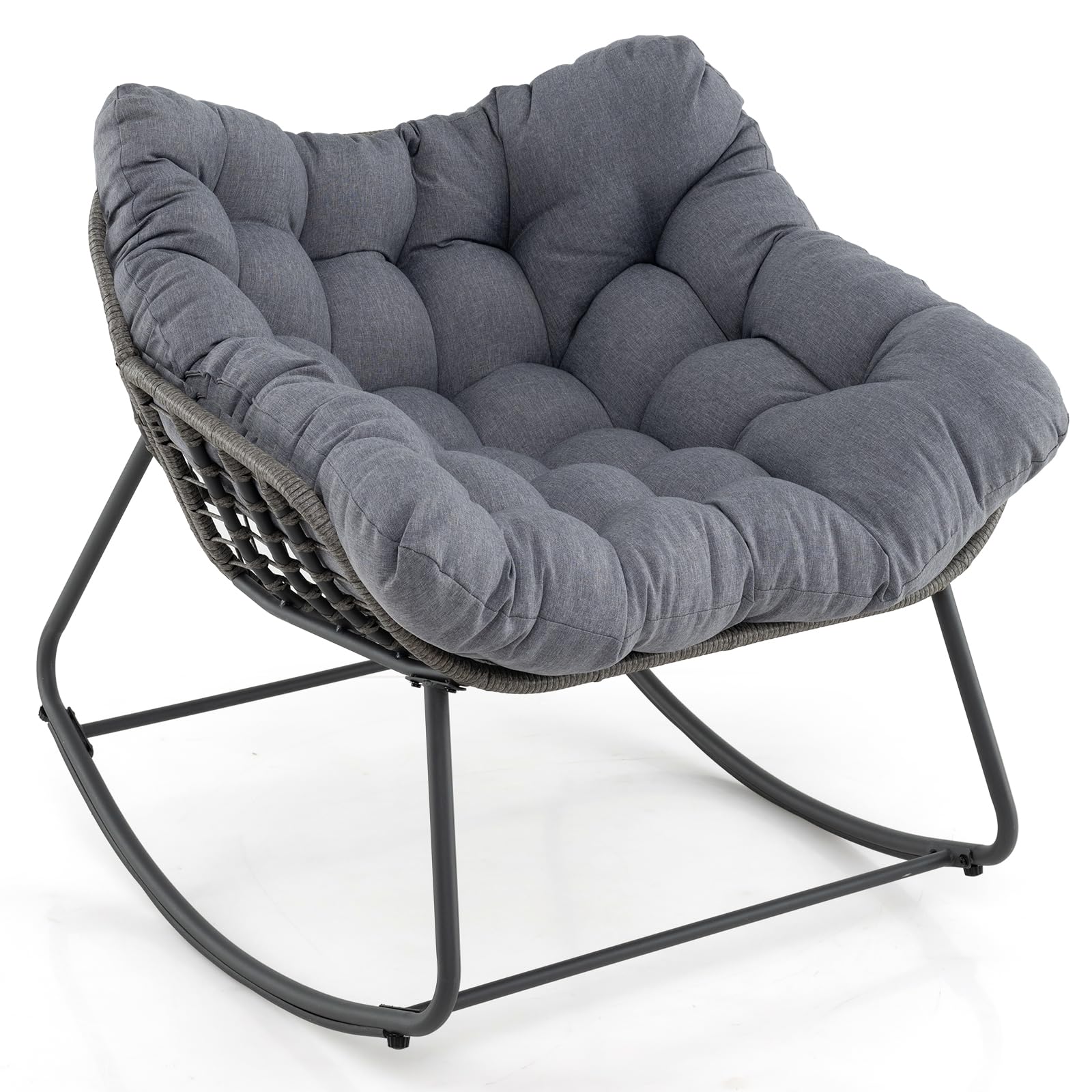 COSTWAY Fauteuil a Bascule Exterieur Interieur, Rocking Chair en Rotin PE, Coussin Épais Amovible, Bande Antidérapante, Fauteuil Œuf pour Balcon Porche Salon, Charge 150 kg, 98 × 98 × 87 cm (Gris)
