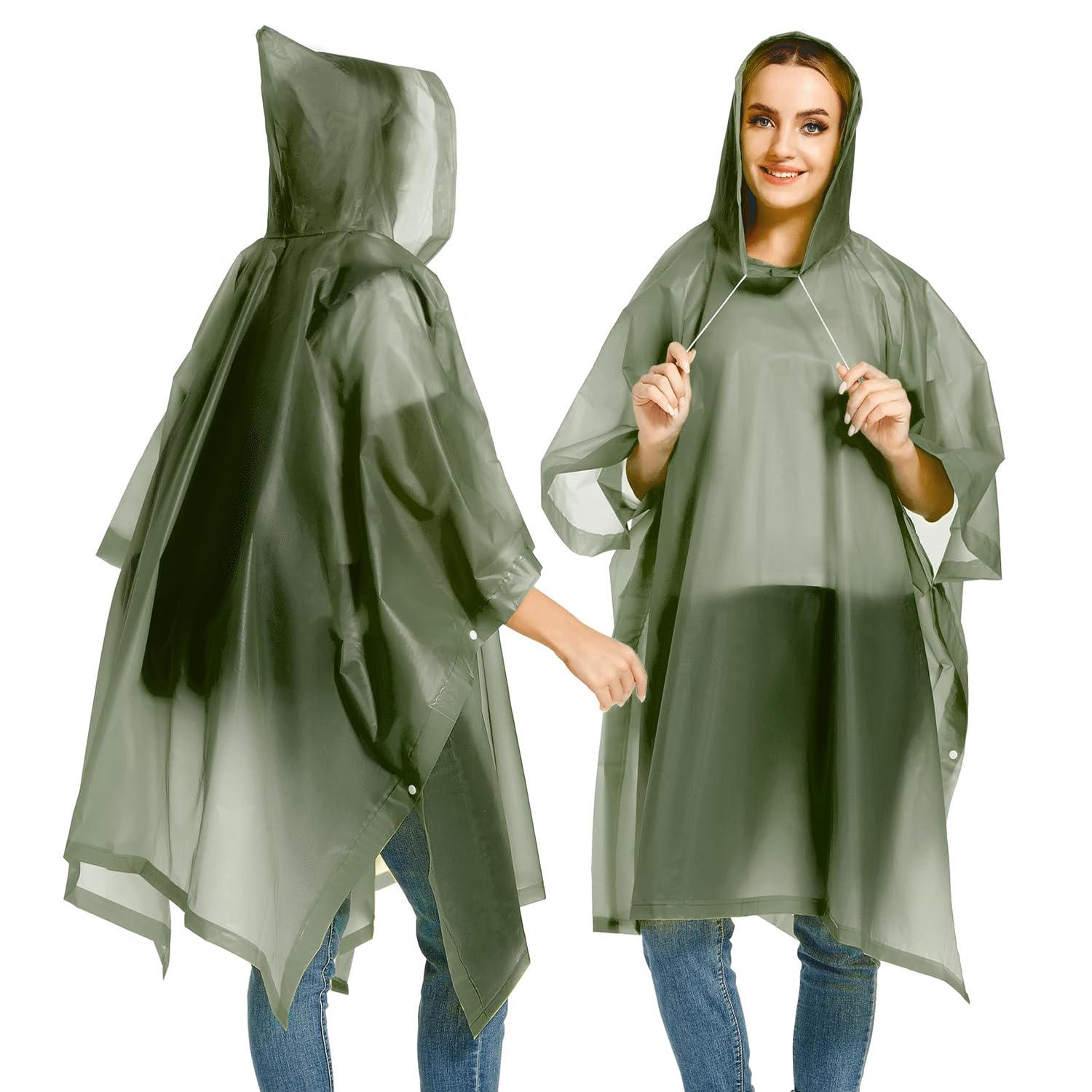 Allextreme EVA Poncho Raincoat Transparent Hooded Water Resistant Rain Jacket with Sleeves for Women Men Camping Rainy Season Travel (Olive Green)-image-24