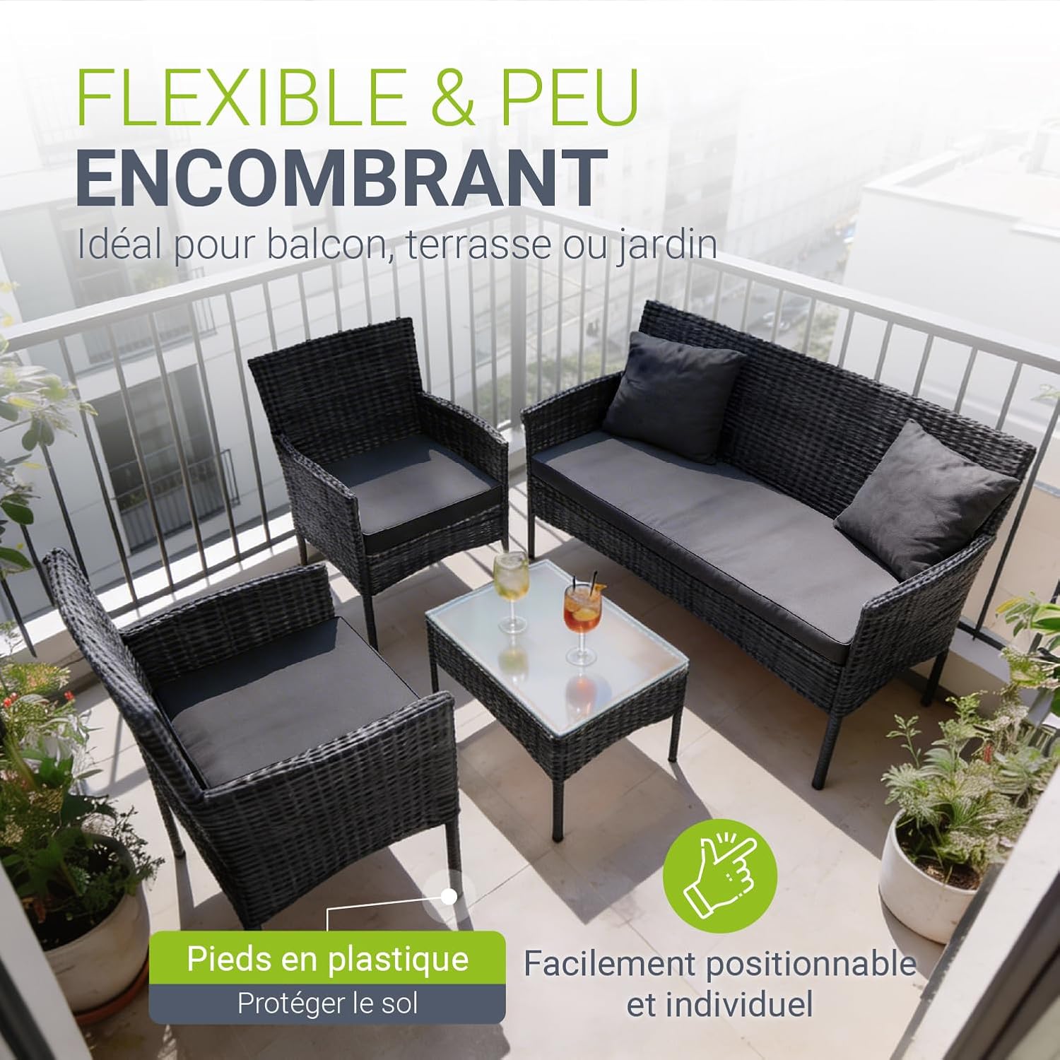 Juskys Fort Myers garden furniture set on a balcony, showing plastic feet for floor protection and easy repositioning.