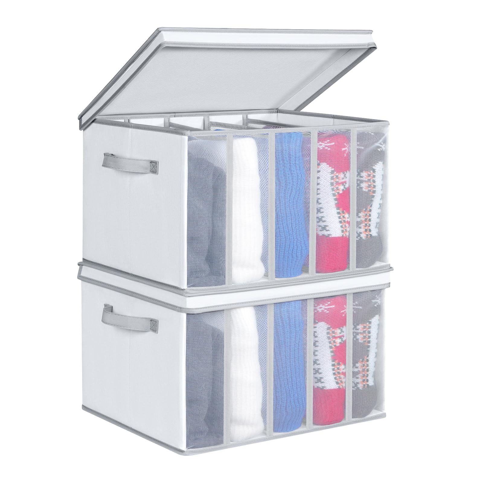 Univivi Extra Large Wardrobe Closet Organiser, Foldable 5 Grids Sweater Organizer with Dust Cover for Jeans, Pants, T-Shirts, Sweaters, Underwear, Stackable Clothing Storage Boxes, 2 pack