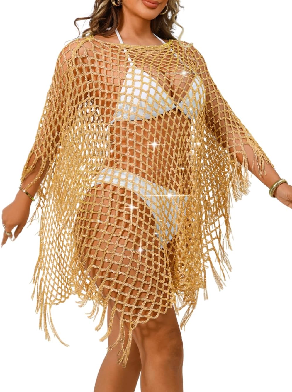 Kaei&Shi Sexy Hollow Out Beach Coverups,Crochet Fringe Knit Swimsuit Cover Up,Pool Swimwear Dress for Women Fit 0-14