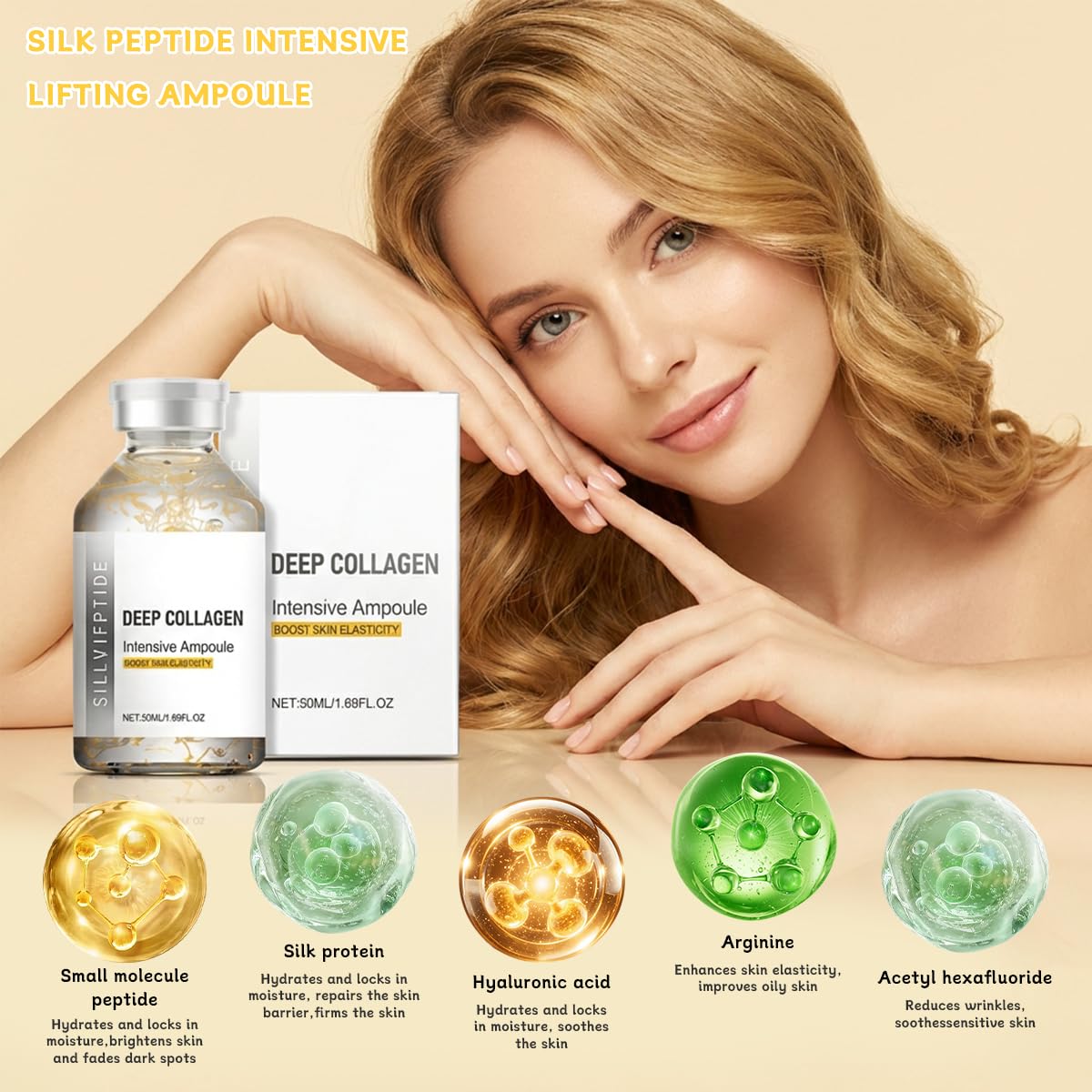 Silk Peptide Intensive Lifting Ampoule, Deep Collagen Silk Peptide Ampoule, Korean Silk Peptide Serum, Smooths Wrinkles, Improves Elasticity, Hydrating, Tightening, Suitable For All Skin Types 2PCS - Image 3