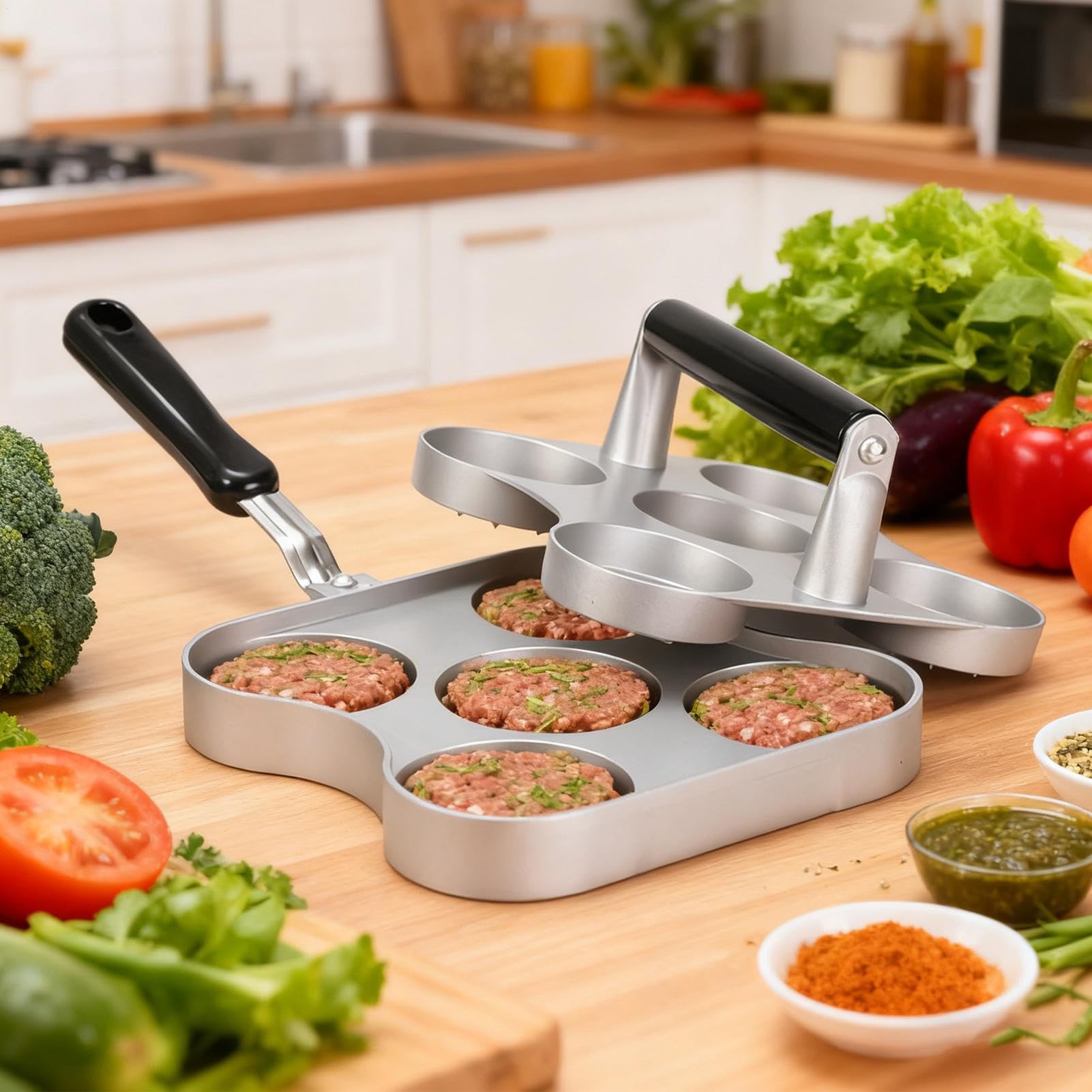 Heavy Duty Grill Press Tool z 5 kratkami z uchwytem | Akcesoria do miażdżenia mięsa do kuchni, grilla, posiłków na zewnątrz i na zewnątrz