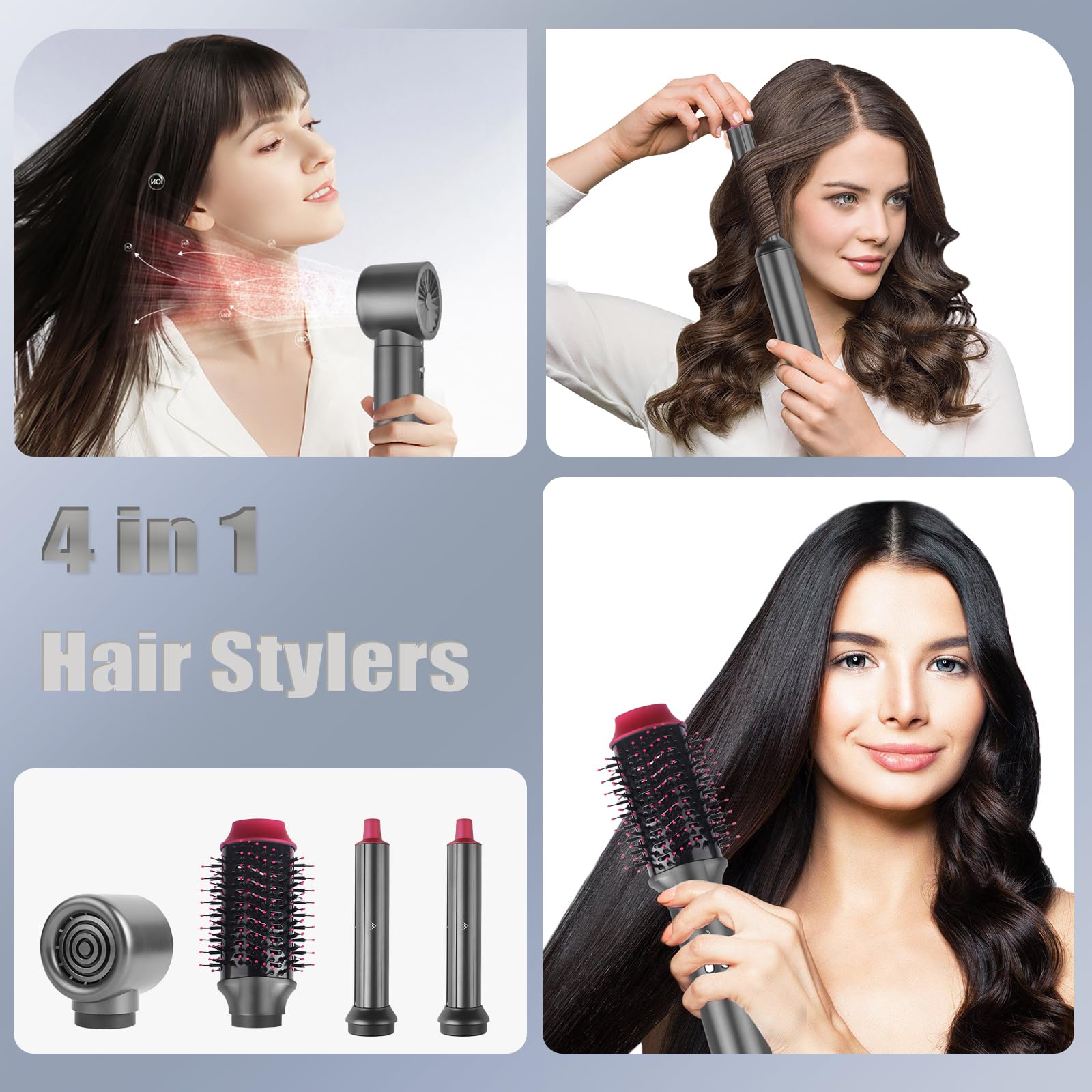 Hair Dryer Brush Set 4-in-1, Multi Air Styler for Fast Drying & Styling, Ionic High-Speed Hair Styler for Curling, Volumizing, Straightening, Air Styler Blow Dryer Brush with Auto Wrap Curling Wand