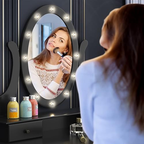 Miniatura 5 de AUGESTER - Juego de tocador de maquillaje iluminado, juego de tocador con 12 luces, espejo ovalado giratorio de 360°, 5 cajones deslizantes,