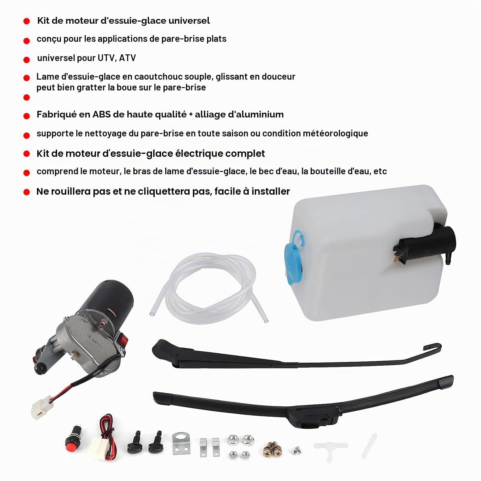 Kit de Moteur D'Essuie Glace DC 12 V, Kit D'Essuie Glace de Moteur Électrique UTV, Avec Kit de Pompe de Lave Glace, Kit D'Essuie Glace Universel, Nettoyage Silencieux Durable pour UTV ATV