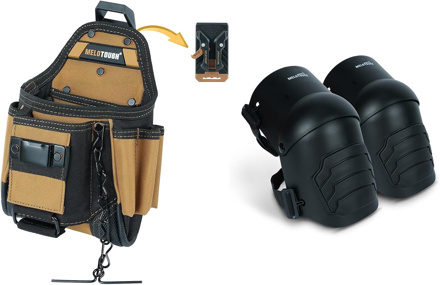 MELOTOUGH Small Electrician Tool Pouch Tool Belt Pouch with Belt Clip Attachment 9 Pockets Tradesman Tool Bag Pouch,Knee Pads for Work,Construction,Flooring,Gardening-Comfortable and Flexible(Black)