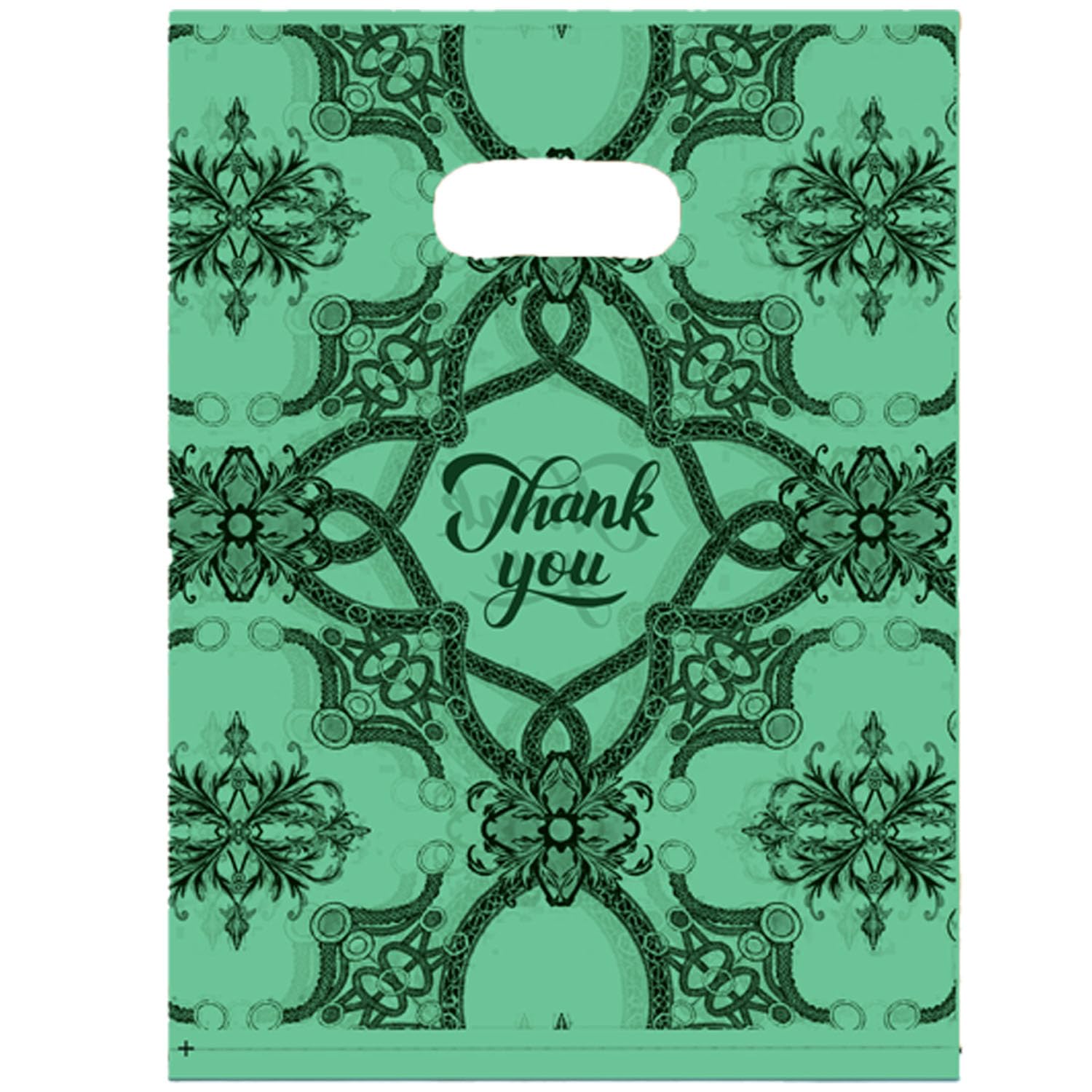 Joyhey 100 Count 5.8" x 7.8" Plastic Merchandise Bags, Shopping Retail Boutique Bags with Die Cut Handles - Green Thank You