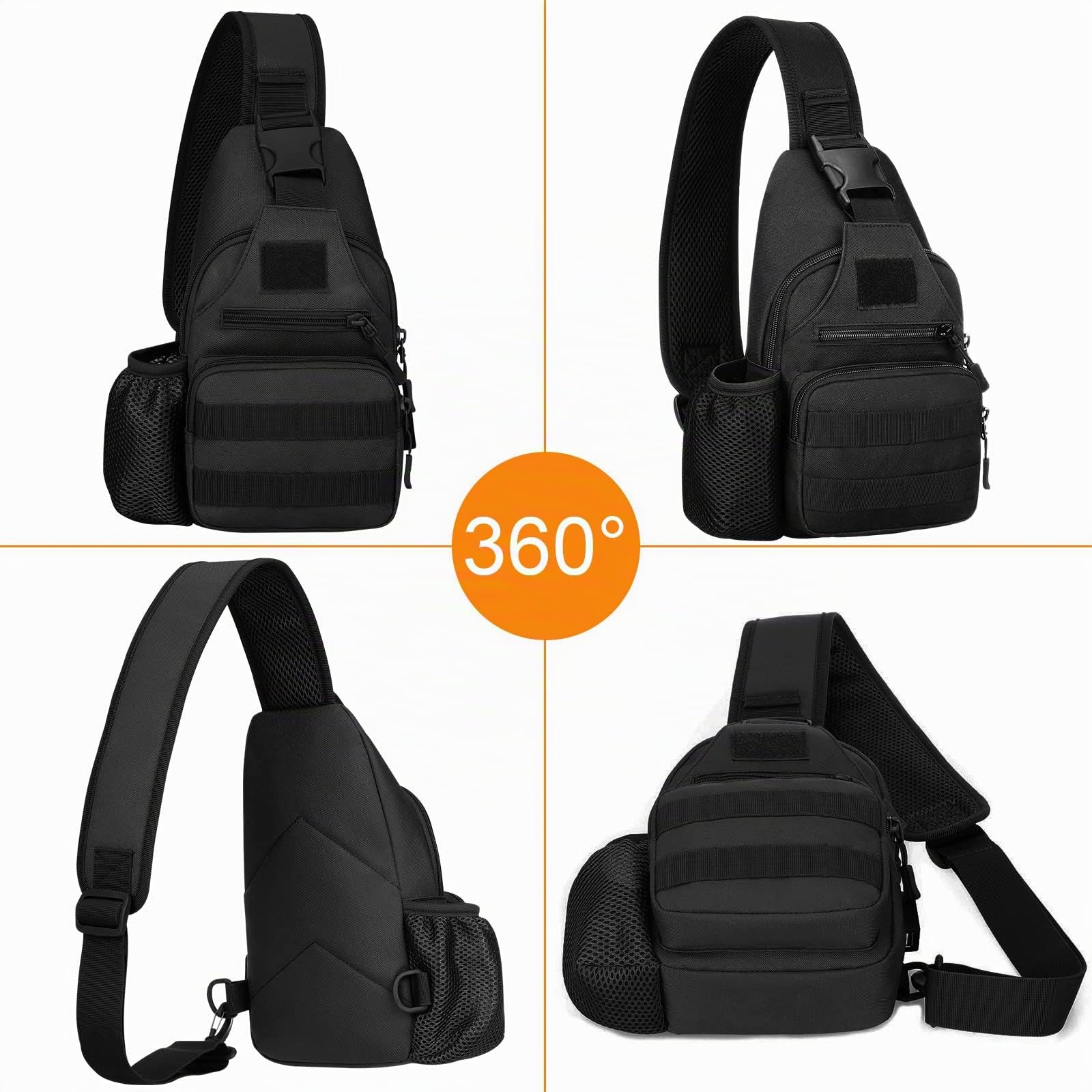 Sac à Bandoulière Tactique Militaire Résistant à l'Eau Sac à Dos Sling MOLLE pour Hommes avec une Bretelle Sac Quotidien avec Porte-Bouteille d'Eau (#01-Noir)