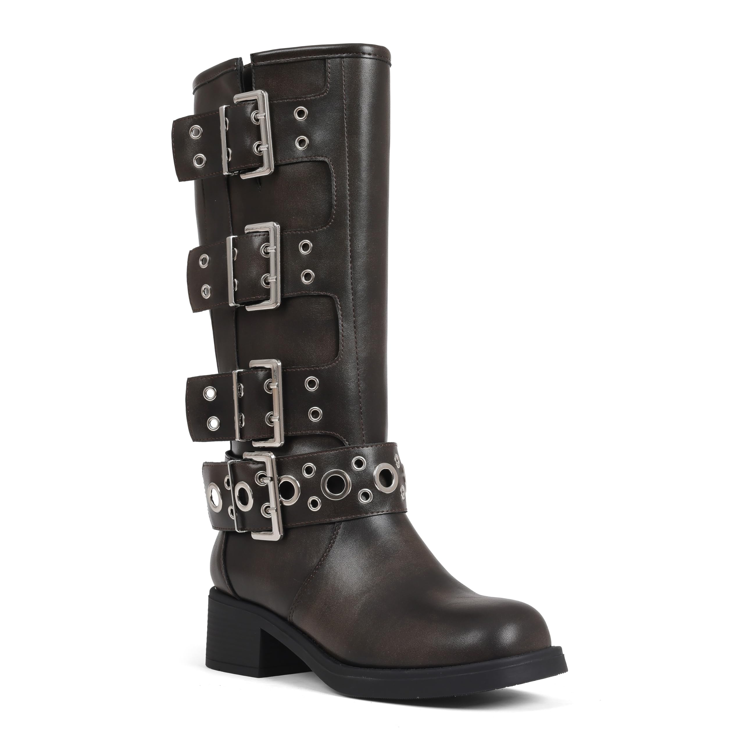AMINUGAL Knee High Boots Women Square Toe Pull On Wide Calf Riding Fashion Buckles Chunky Metallic Casual Vintage