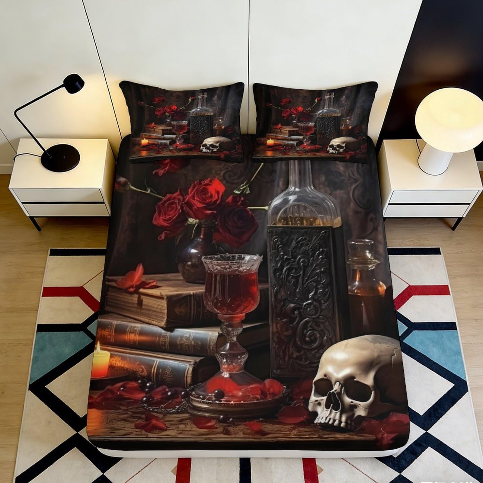 Wtorimpel Style-5 3D Printed Gothic Skull Rose Fitted Sheet Microfiber Deep Pocket Non-Slip Bedroom Bedding Gothic Mattress Fitted Cover 140X200x25cm