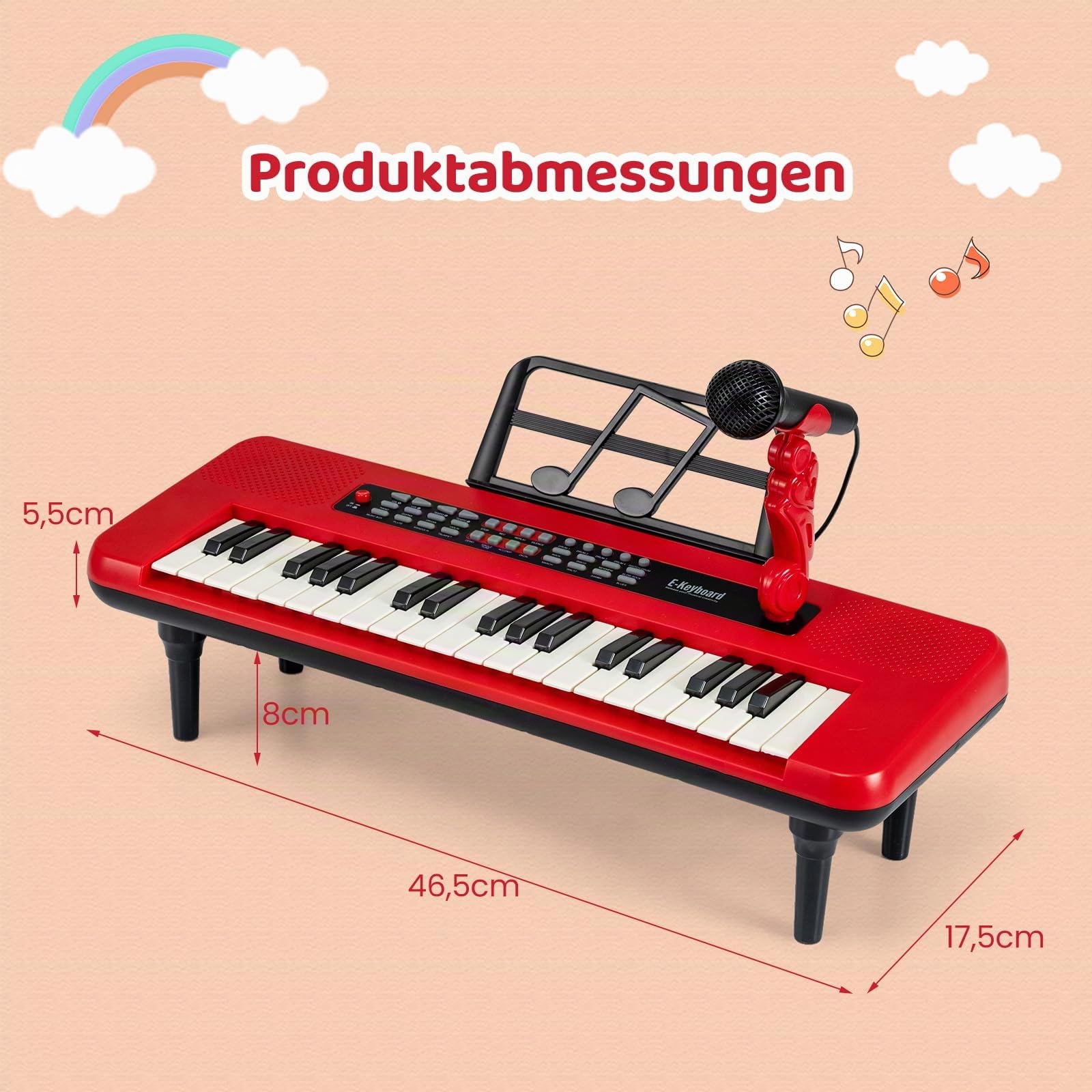 COSTWAY 37 Tasten Kinder Keyboard, Kinderklavier elektronisch mit Mikrofon, Notenständer & abnehmbare Beine, tragbares Musikinstrument, Kinderpiano Klaviertastatur für Kinder ab 3 Jahren (Rot)