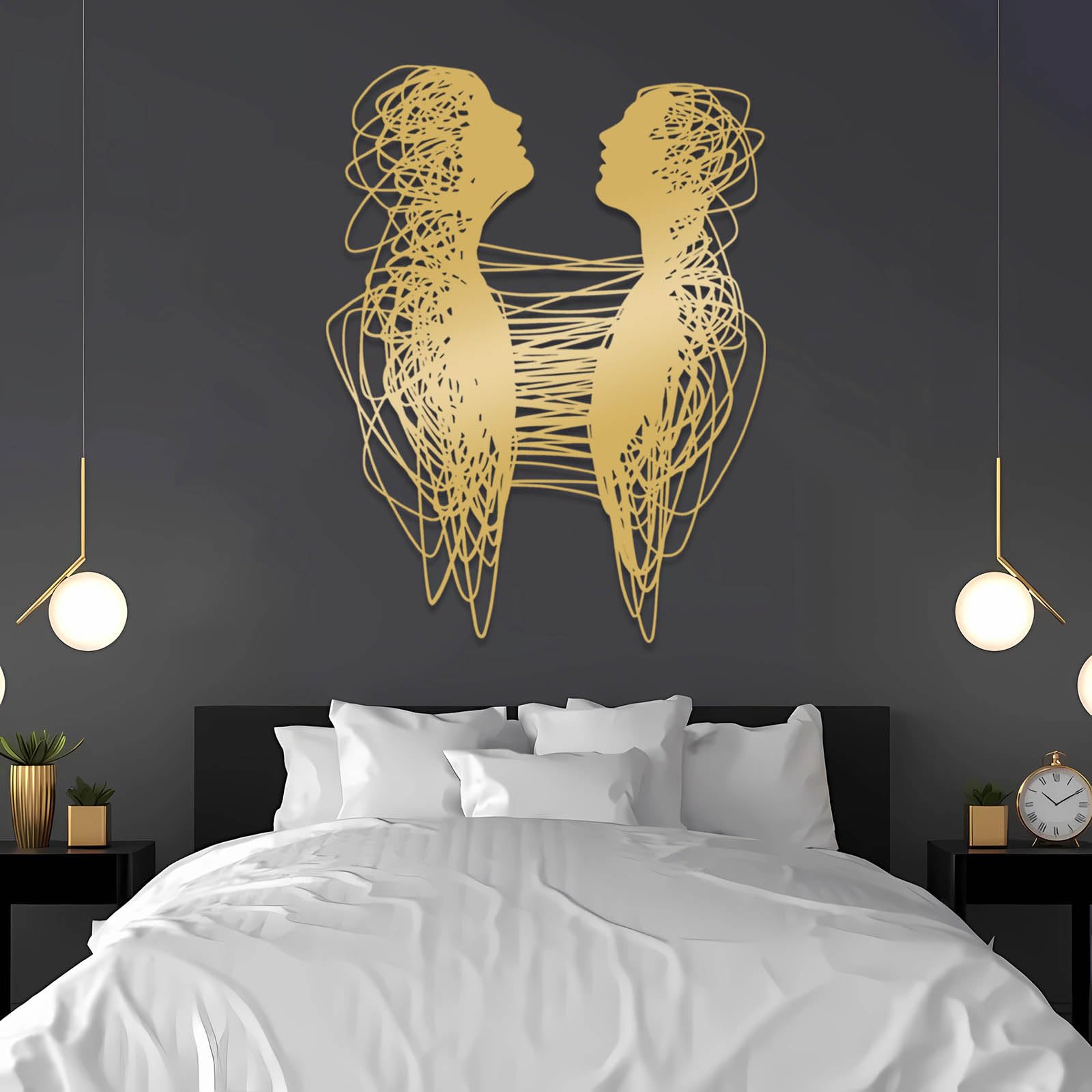 Nowoczesna minimalistyczna sztuka metalowa dekoracja ścienna abstrakcyjna para, sztuka liniowa, wisząca, dla par, salonu, łazienki, wisząca (srebrna, 47 x 36 cm)