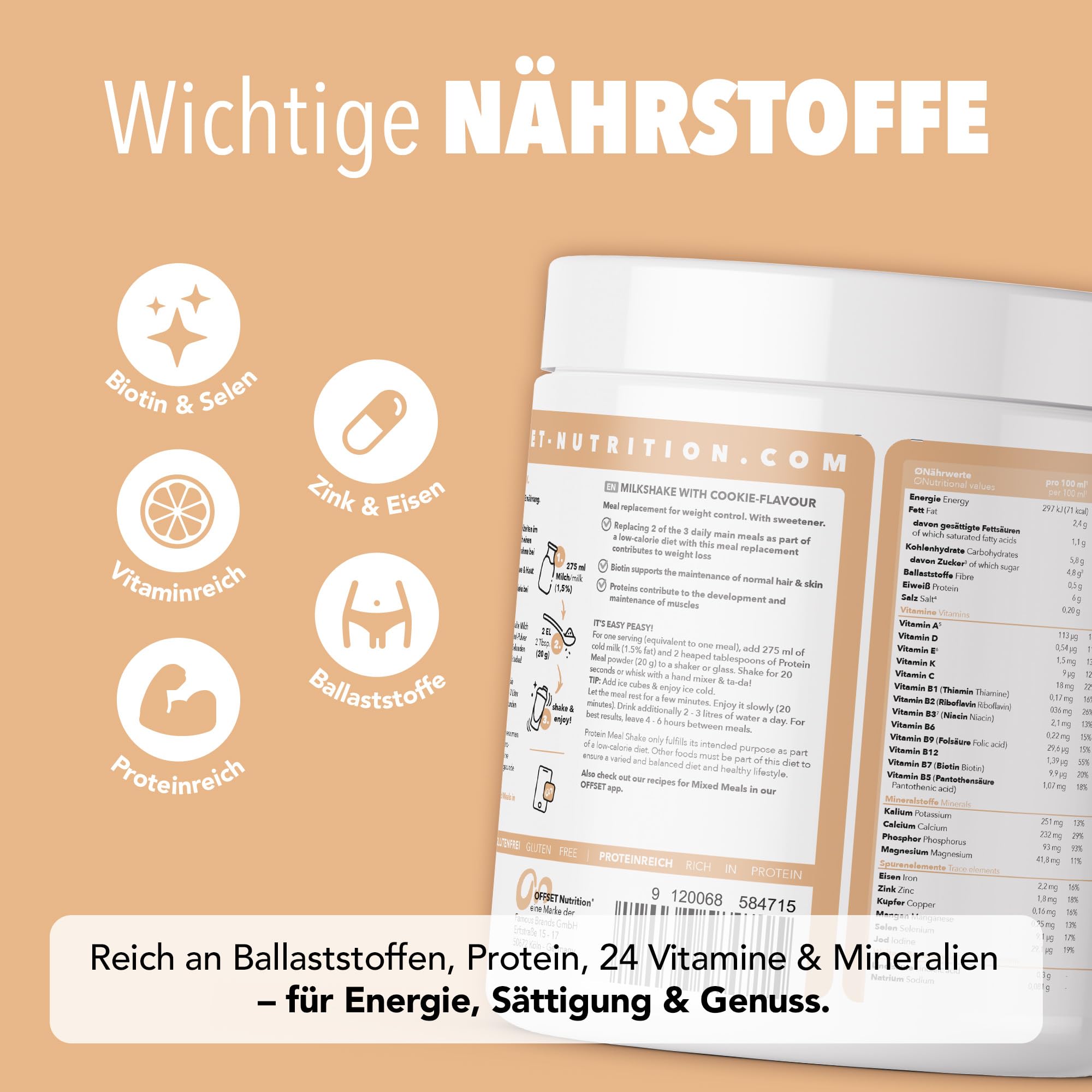 OFFSET Nutrition Protein Abnehm Shake Cookies [nur 210 KCAL pro Shake] - 14 Portionen | Mahlzeitersatz | Diät Shake mit 24 Vitaminen & Mineralien | Glutenfreie Trinkmahlzeit