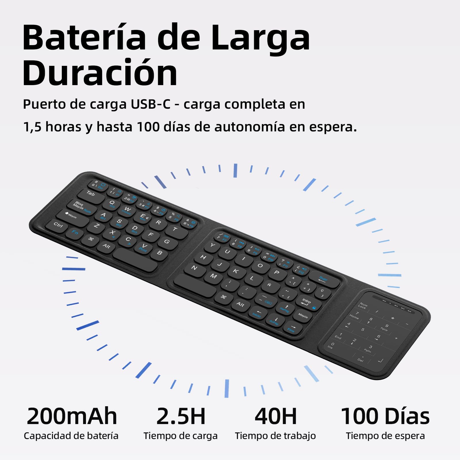 Bettdow Bluetooth Faltbare Tastatur mit Touchpad, Schwarz (Spanisch)