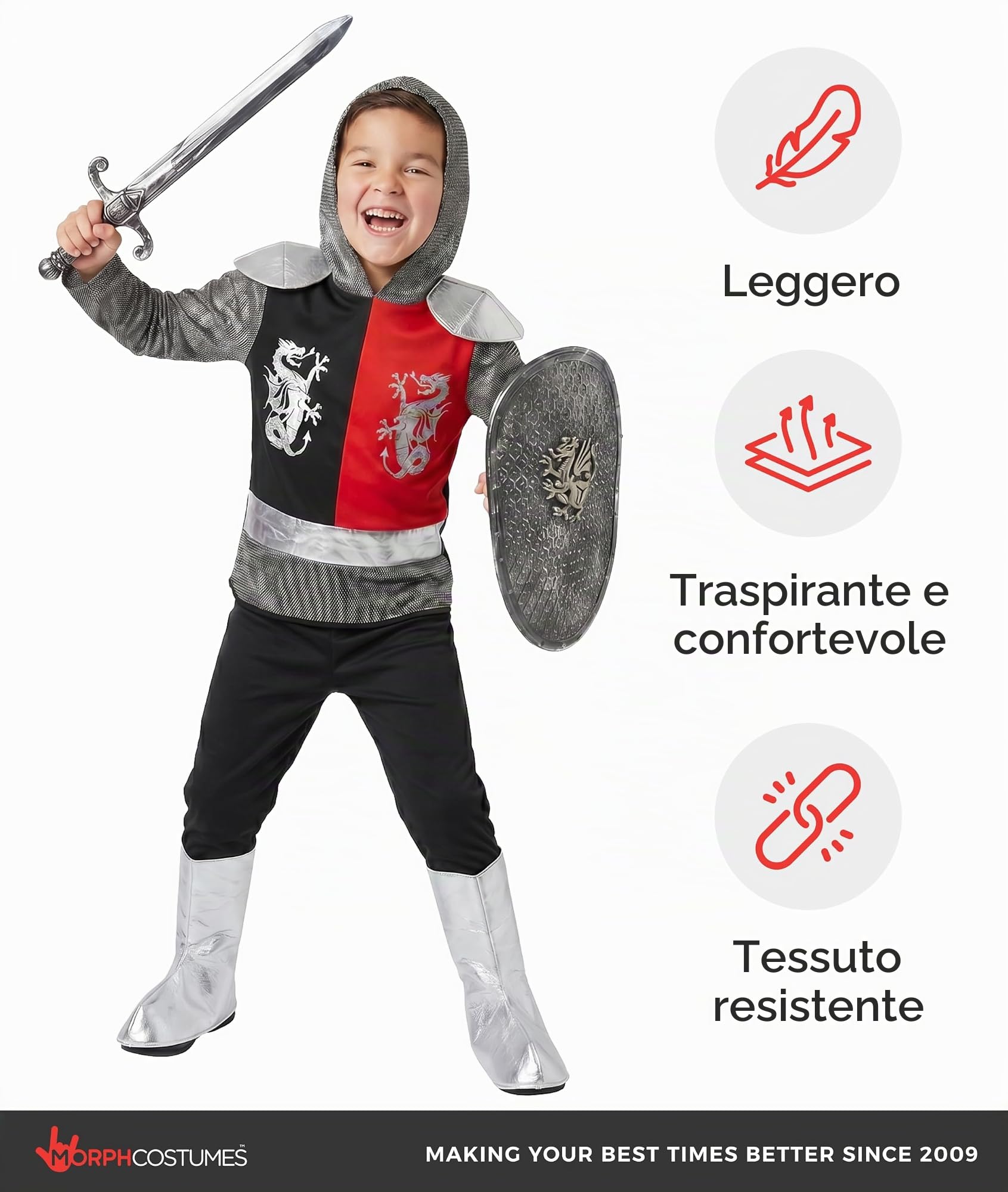 Morph Costume Cavaliere Bambino, Costume Medievale Halloween Bambino, M | Felpa con Cappuccio, Pantaloni, Spada & Scudo, Effetto Cotta di Maglia, Perfetto per Halloween, Ideale per il Gioco di Ruolo