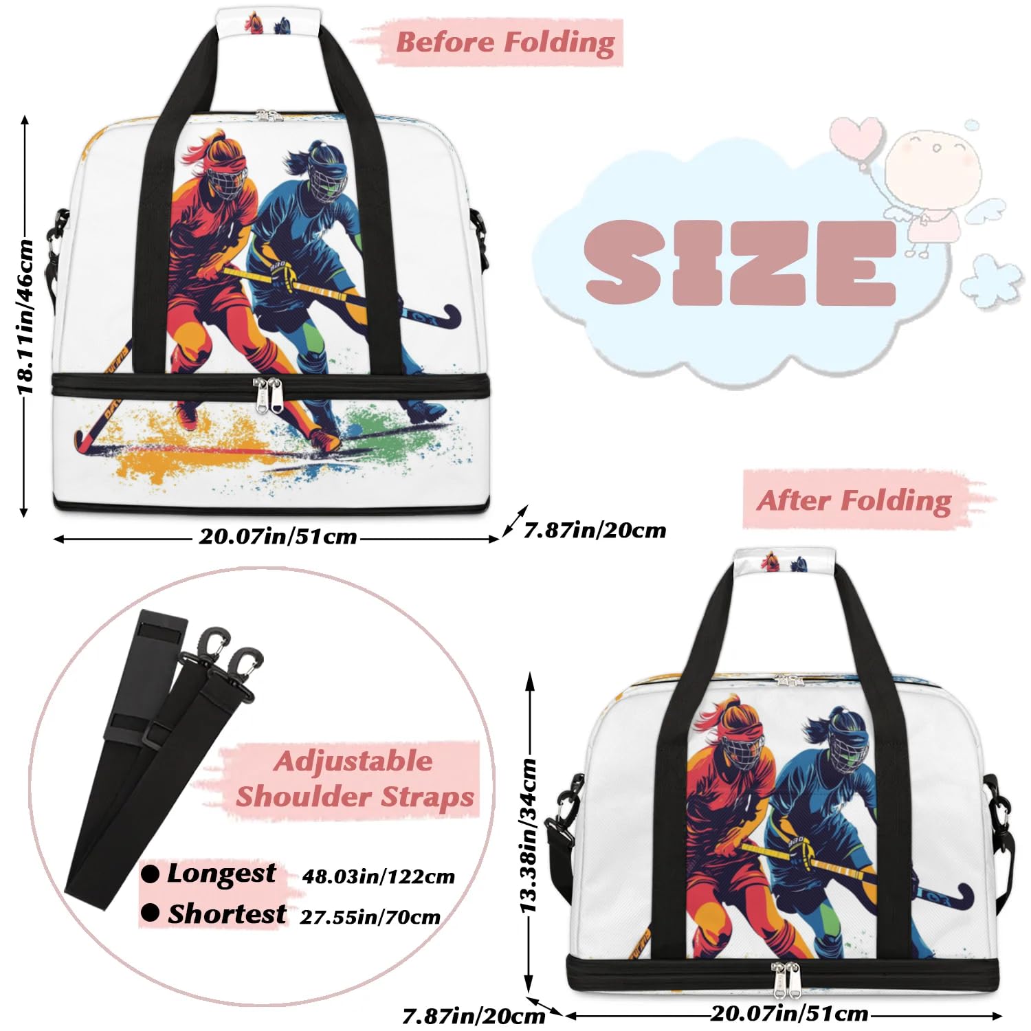 Sac de voyage pour joueurs de hockey pour femmes et hommes, sac de week-end, sac fourre-tout pliable et séparé, 47 l pour sport, gym, yoga, couleur, 47 L, Organiseur de sac