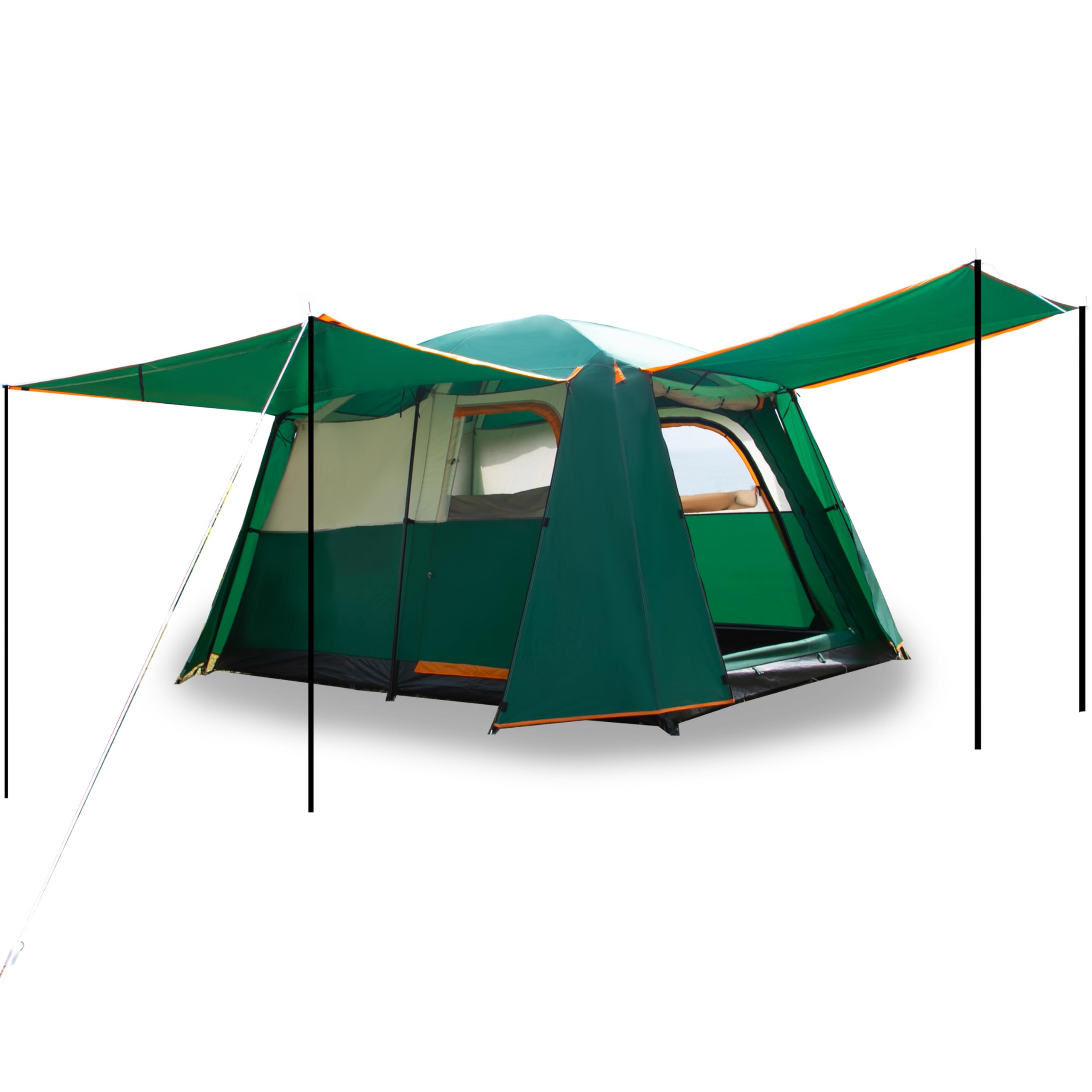 KTT Large Tent 6 Person,Family Cabin Tents,Full Rainly for Weather,2 Rooms,3 Doors and 3 Windows with Mesh,Straight Wall,Waterproof,Double Layer,Big Tent for Outdoor,Camping.(Green)