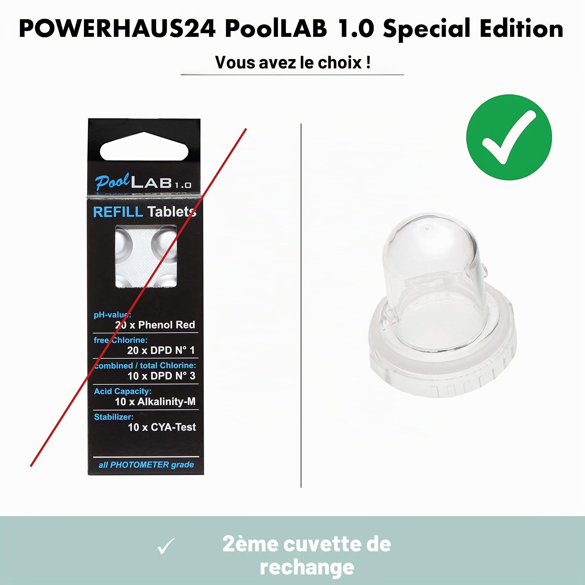 POWERHAUS24 PoolLAB® 1.0 Special Edition Testeur d'eau électronique, 13 en 1, avec 70 pastilles de test et une cuvette de rechange