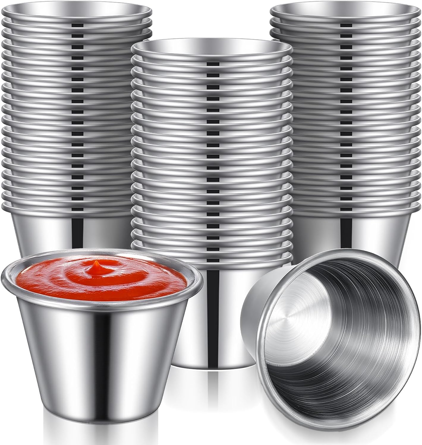 60 Pcs Stainless Steel Sauce Cups, 2.5 oz Metal Dipping Cups Bulk Stackable Stainless Steel Ramekins Condiment Cup for Restaurant Catering Ketchup BBQ Sushi Party Camping