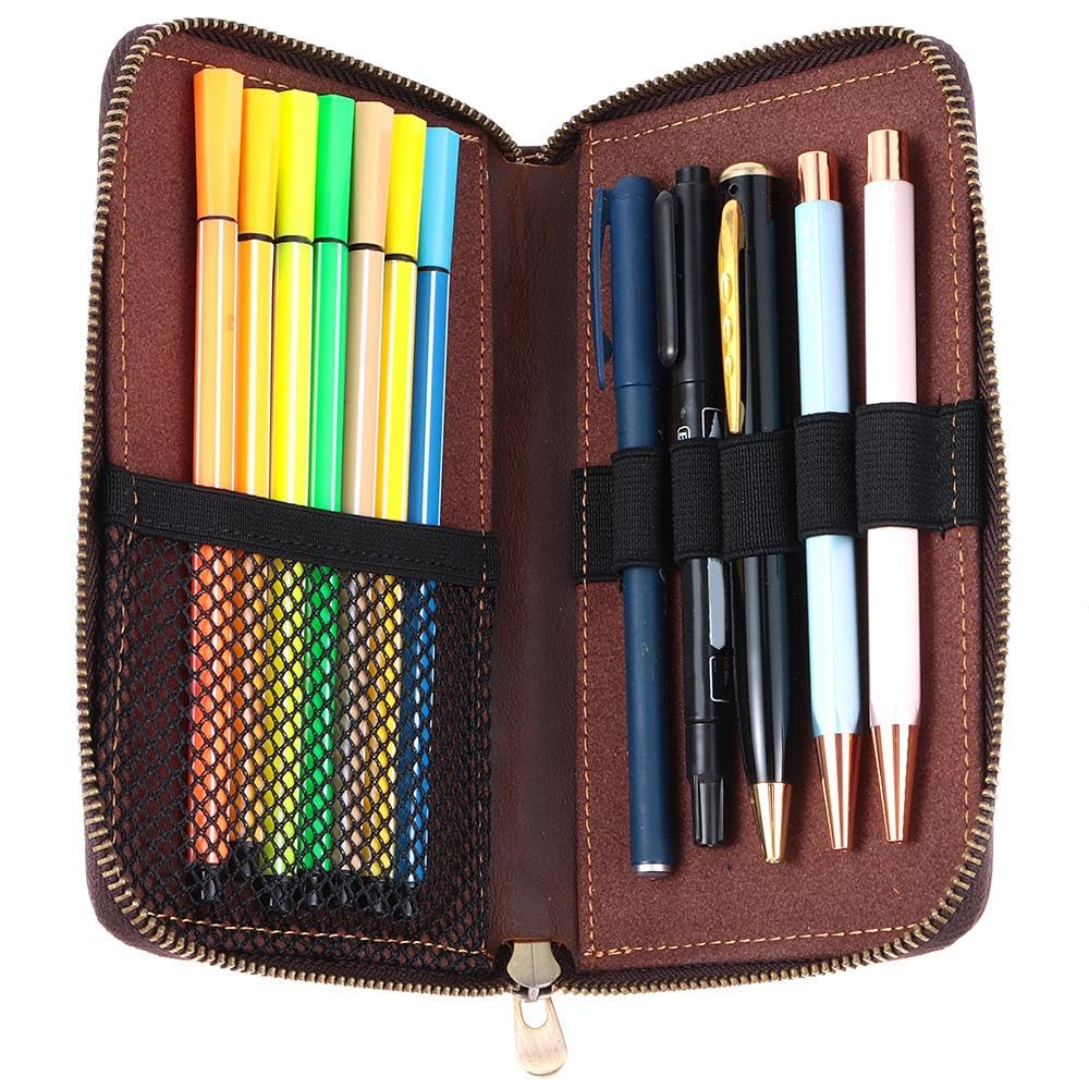 Risedot Zippered Pen Organizer, Leather Zippered Pen Pouch, Fountain Roller Ball Pen Case Holder, for School & Office Supplies - Image 4