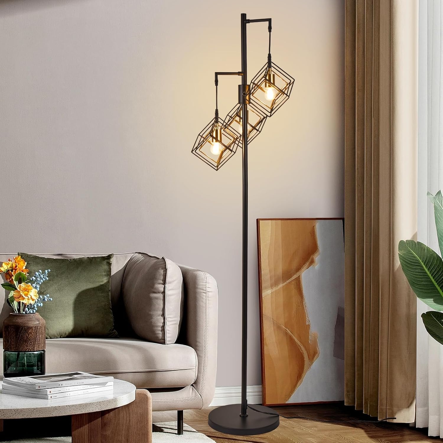 Dimmable Farmhouse Floor Lamp for Living Room, 3 Light Rustic Standing Tall Lamp, Modern Bright Floor Lamp, Industrial Standing Lamp for Bedroom, Tall Pole Lamps Office, 3 LED Bulbs Included.