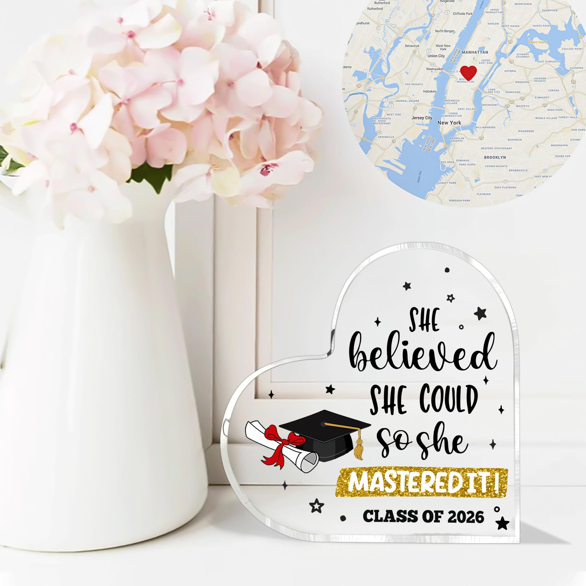 Graduate Gifts Class of 2026 Plaque, College Graduation Gifts for Her Women, Inspirational Graduation Gift, Masters Graduate Grad Keepsake for Masters Degree Heart Acrylic Paperweight, She Mastered It