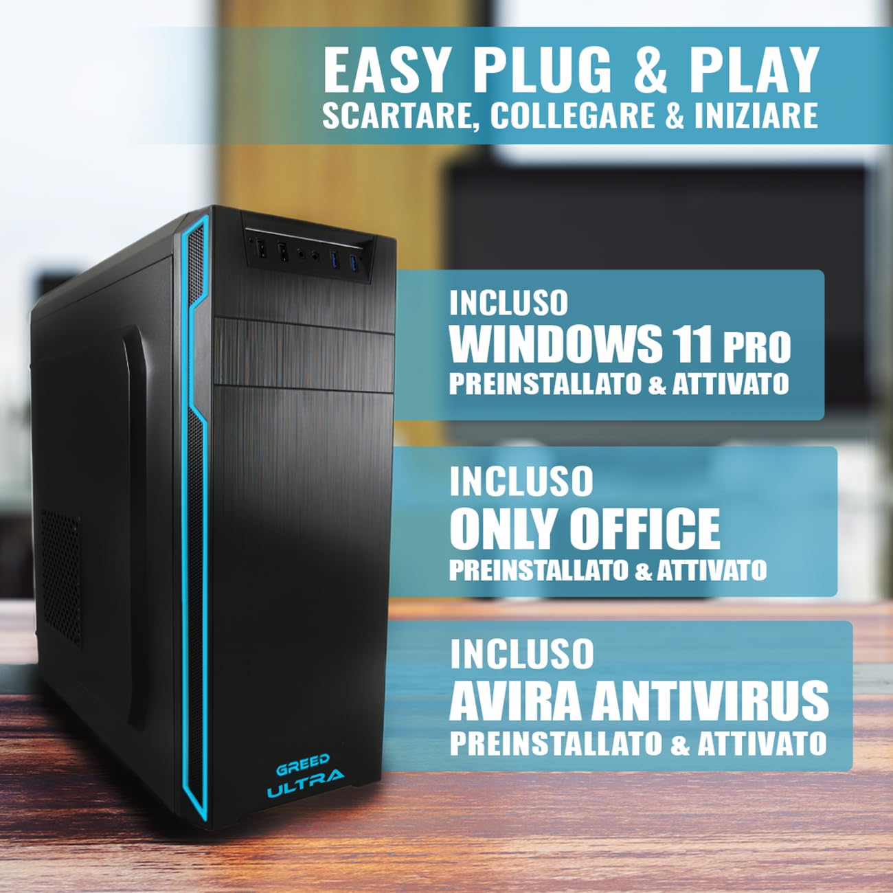 GREED® Ultra 7 - PC veloce con Intel Core i7 - Computer silenzioso + calcolatrice per ufficio e casa ufficio con RAM DDR4 da 16 GB, SSD da 1 TB + HDD da 1 TB - DVD+RW - WLAN - incl. Win 11 Pro