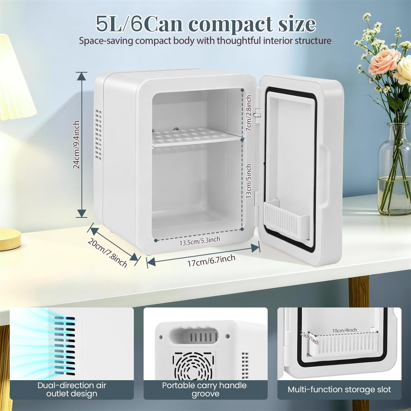 Mini Kühlschrank 5 L / 6 Dosen, LED-Lampe mit 3-stufiger Dimmfunktion,220V AC / 12V DC Kühl- & Wärmefunktion, Kosmetik Kühlschrank für Zimmer, Büro, Skincare, Getränke & Kosmetik (Weiß)