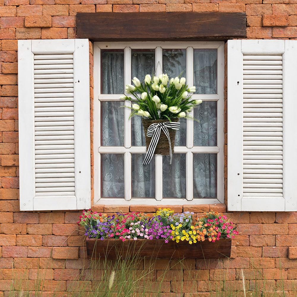 White Tulip Door Hanger Basket Wreath for Front Door,18 in Artificial Spring Summer Tulip Wreaths with Woven Basket,Green Leaves,Bow and White Flower,Farmhouse Spring Decoration for Home
