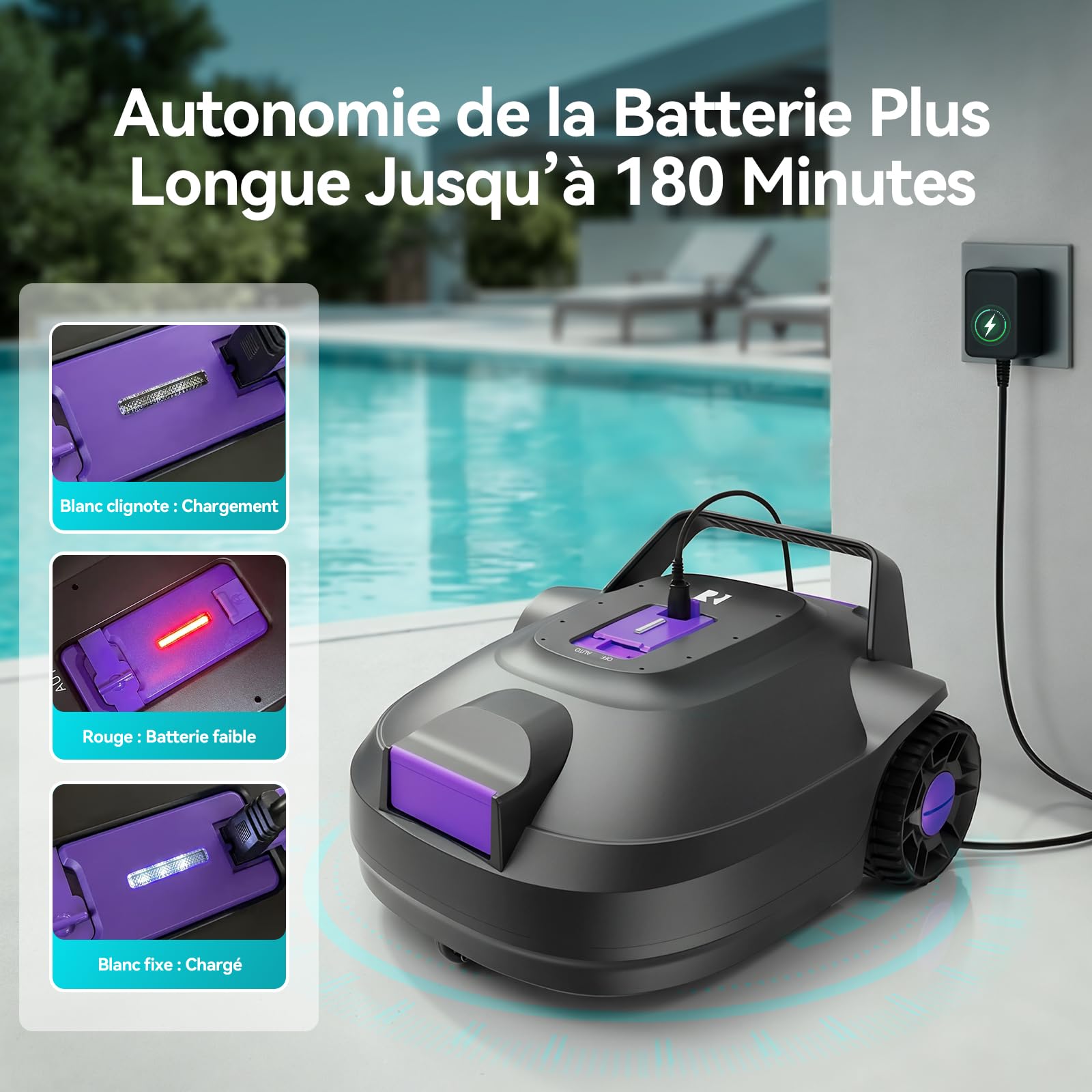 Redkey S200 Robot Piscine sans Fil, Aspirateur Piscine avec 180 Min de Nettoyage, Moteurs Doubles, Double Puissance d'Aspiration, Stationnement Automatique, Robot de Piscine Hors-Sol Jusqu’à 100 m²