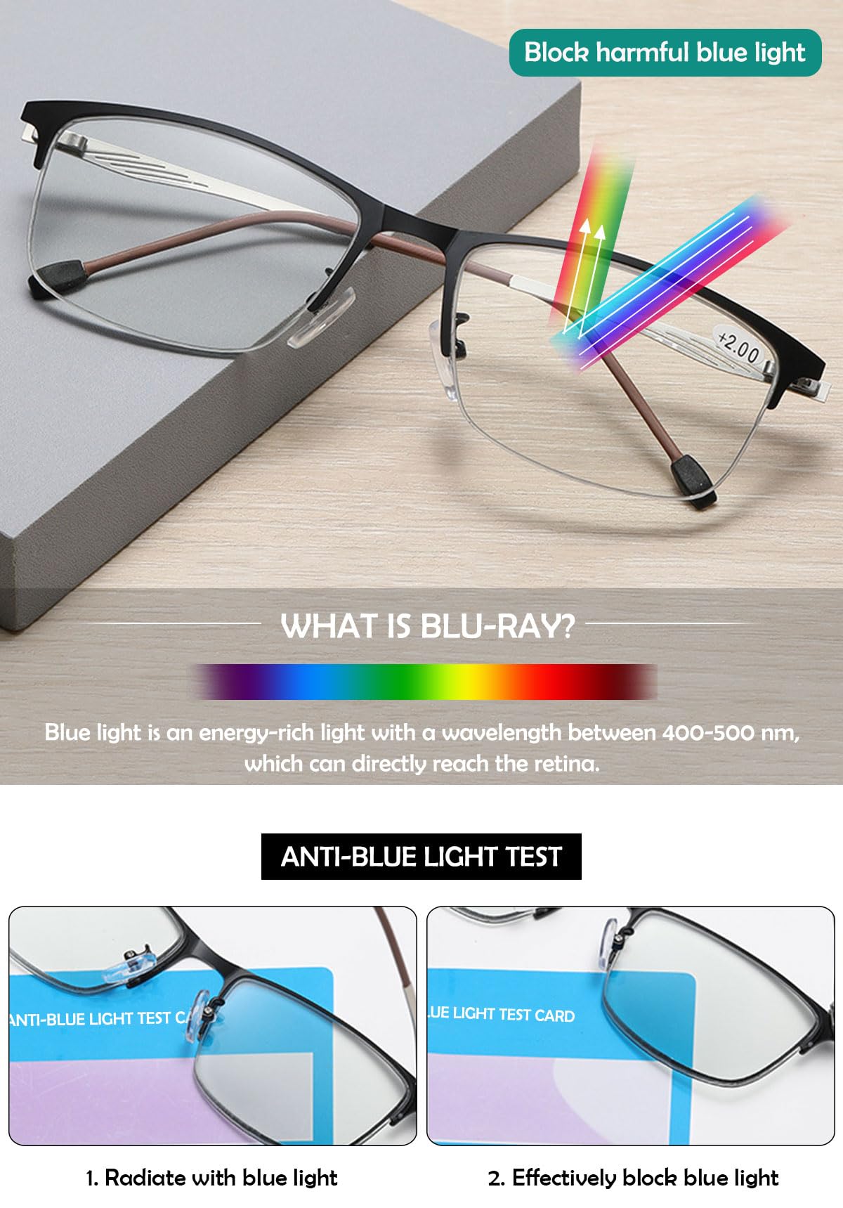 KOOSUFA Selbsttönende Gleitsicht Lesebrille Gleitsichtbrille Progressive Multifokus Herren Damen Metall Halbrahmen Anti-Blaulicht Lesehilfe Photochrome mit UV-Schutz 1.0 1.5 2.0 2.5 3.0 3.5 4.0
