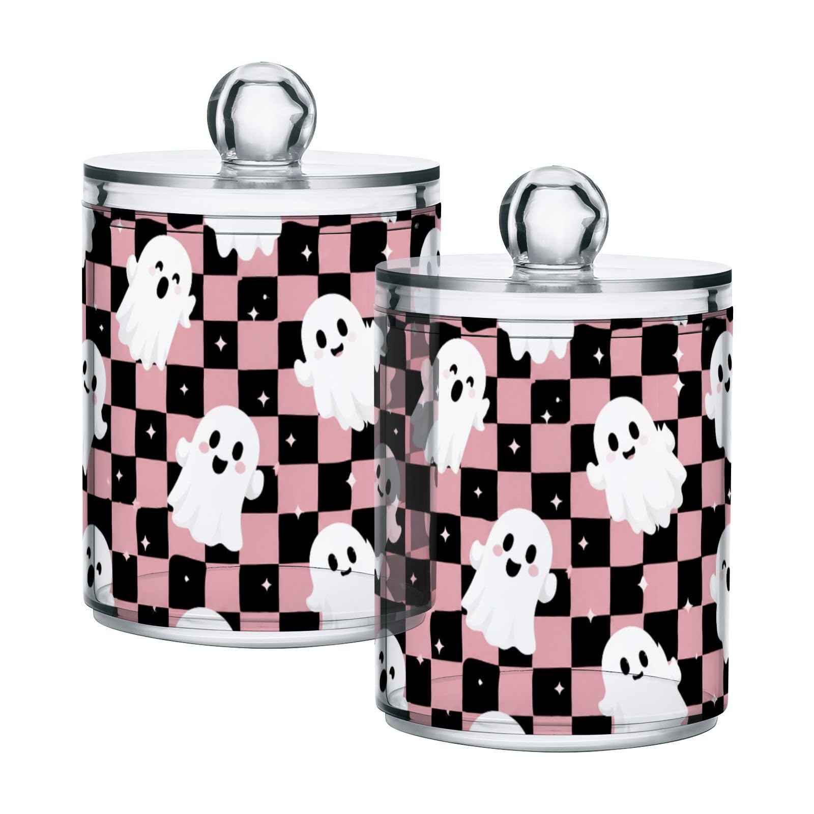 Lyeorm Checkered Pattern Apothecary Jars with Lid 2 Pack Qtip Holder Dispenser Bathroom Storage Organizer Clear Plastic Canister Jar for Cotton Ball, Cotton Swab
