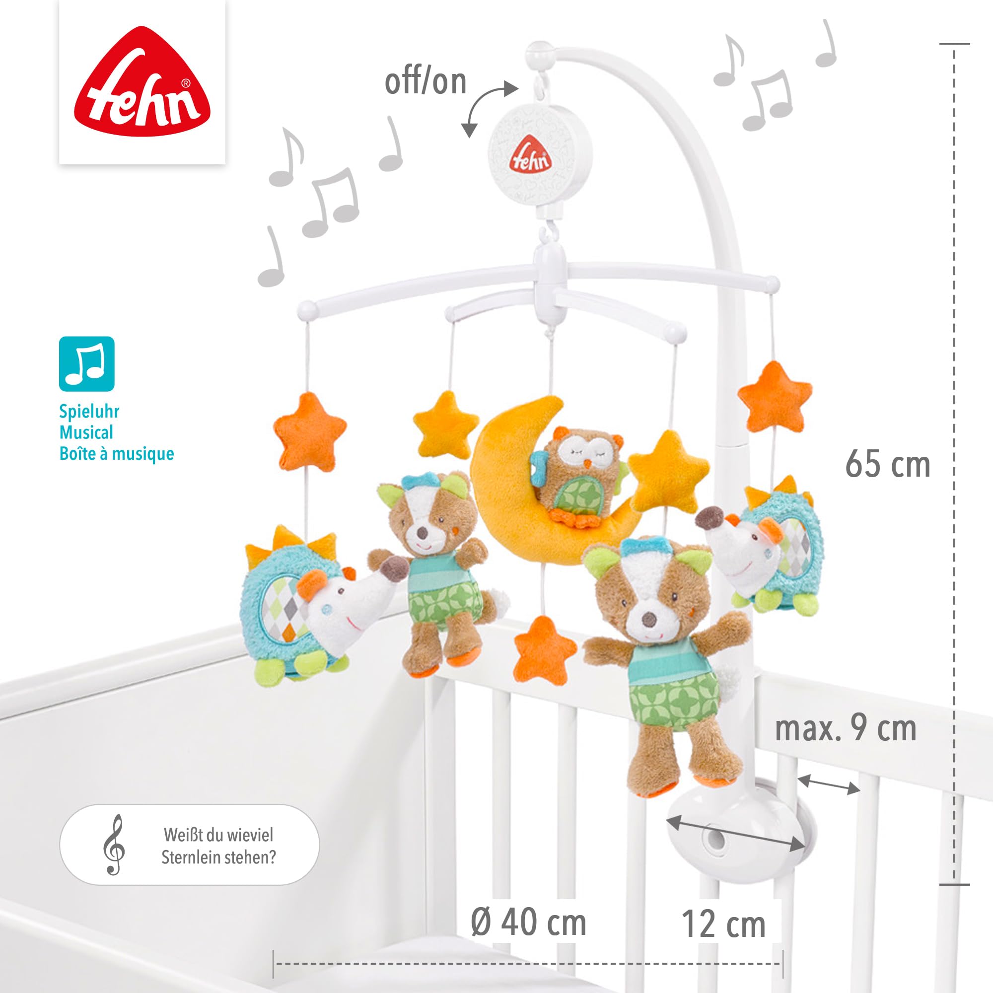 Fehn Musik Mobile Forest - Baby Einschlafhilfe Musikspielzeug mit Waldtieren - Spieluhr Melodie "Weißt du wieviel Sternlein stehen" - Musikmobile Babybett Zubehör Spielzeug für Babys von 0–5 Monaten