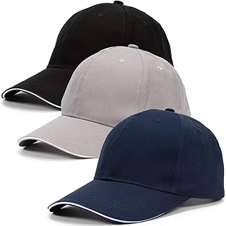 Dzpuhuojz Baseball Caps for Men and Women, Pack of 3 Adjustable Baseball Caps, Full Cotton Cap with White Trim for Golf, Running, Outdoor Sports, Blue + Grey + Black