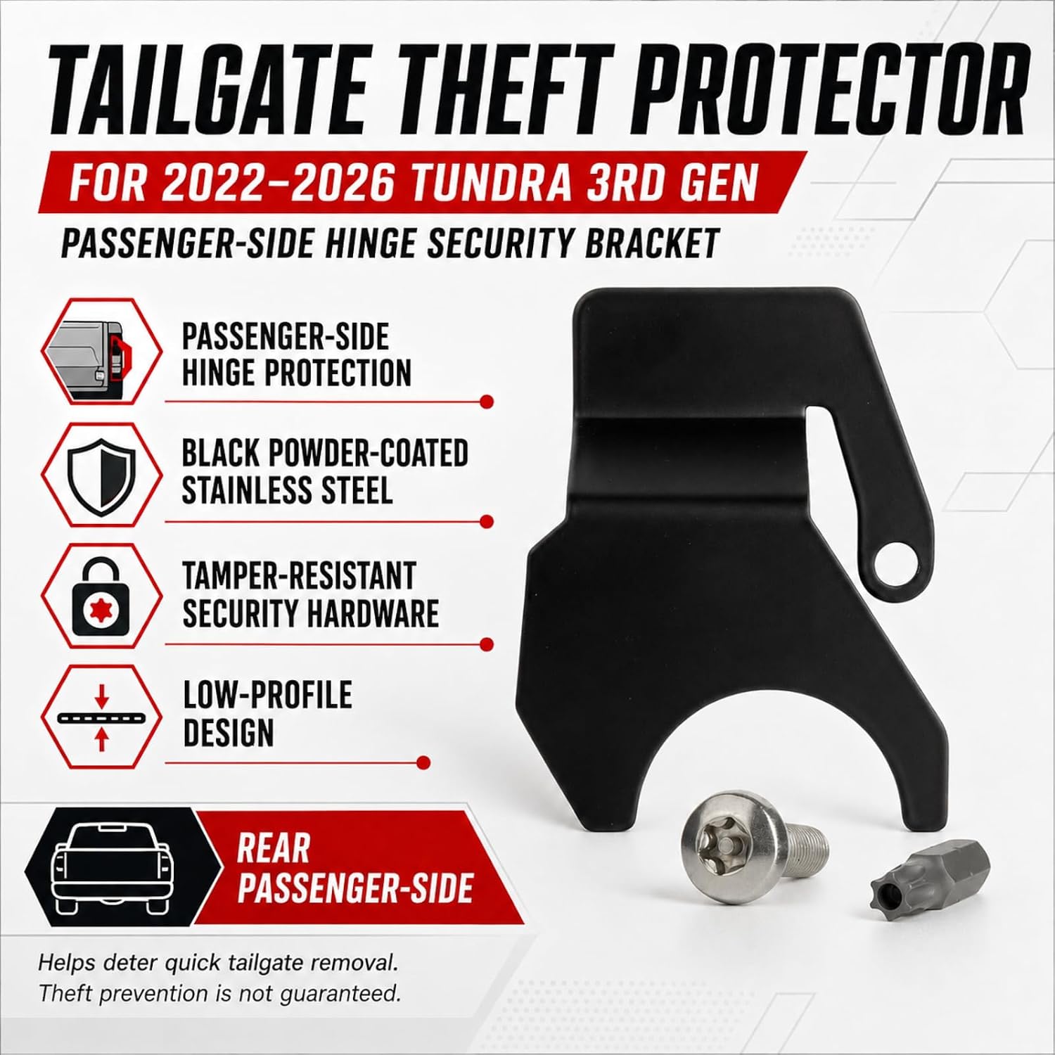 Tailgate Anti-Theft Bracket Compatible with 2022-2026 Toyota Tundra, Passenger-Side Hinge Protector with Security Bolt and Torx Bit, Black