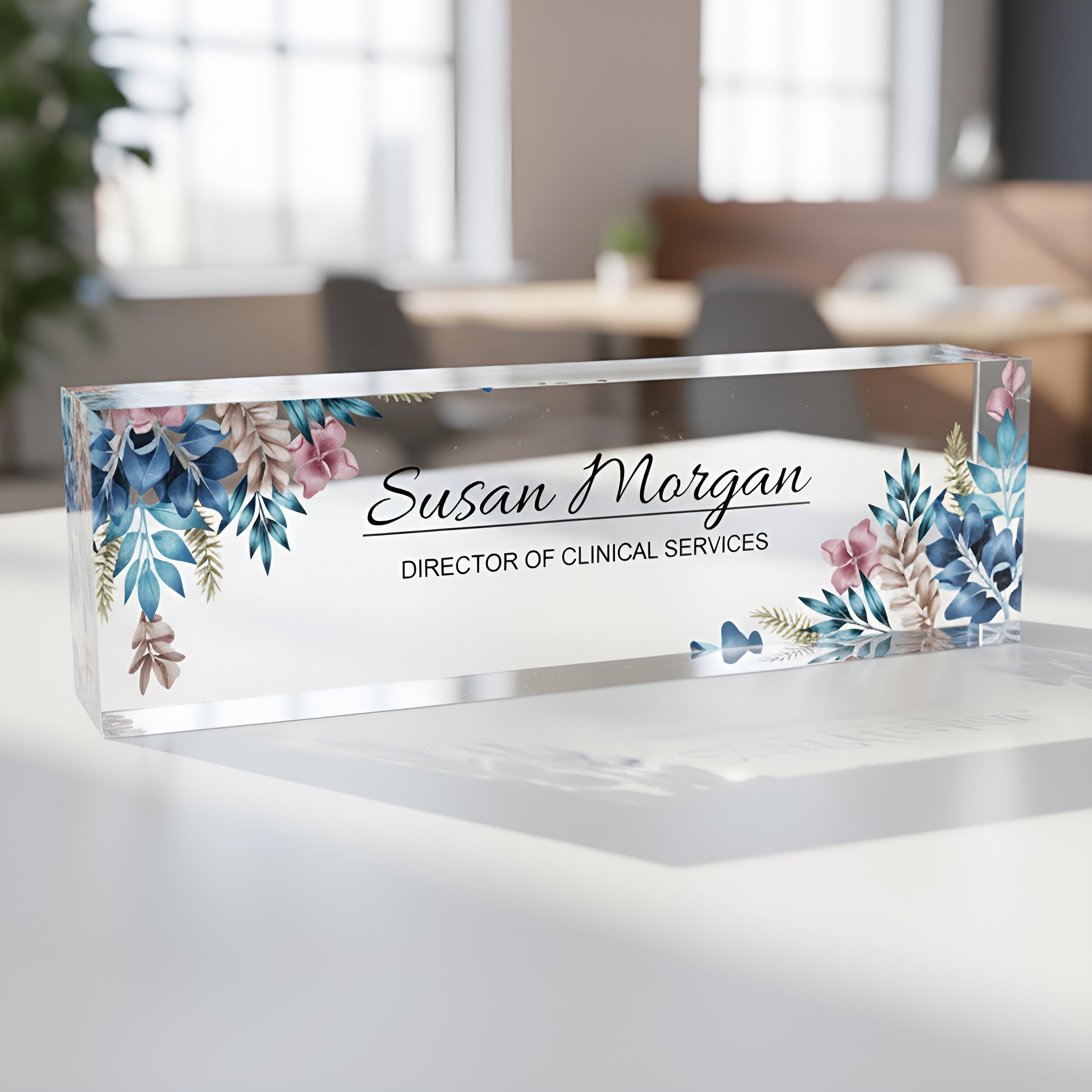 ARTBLOX Personalized Acrylic Teacher Desk Name Plate, Blue Leaf Design