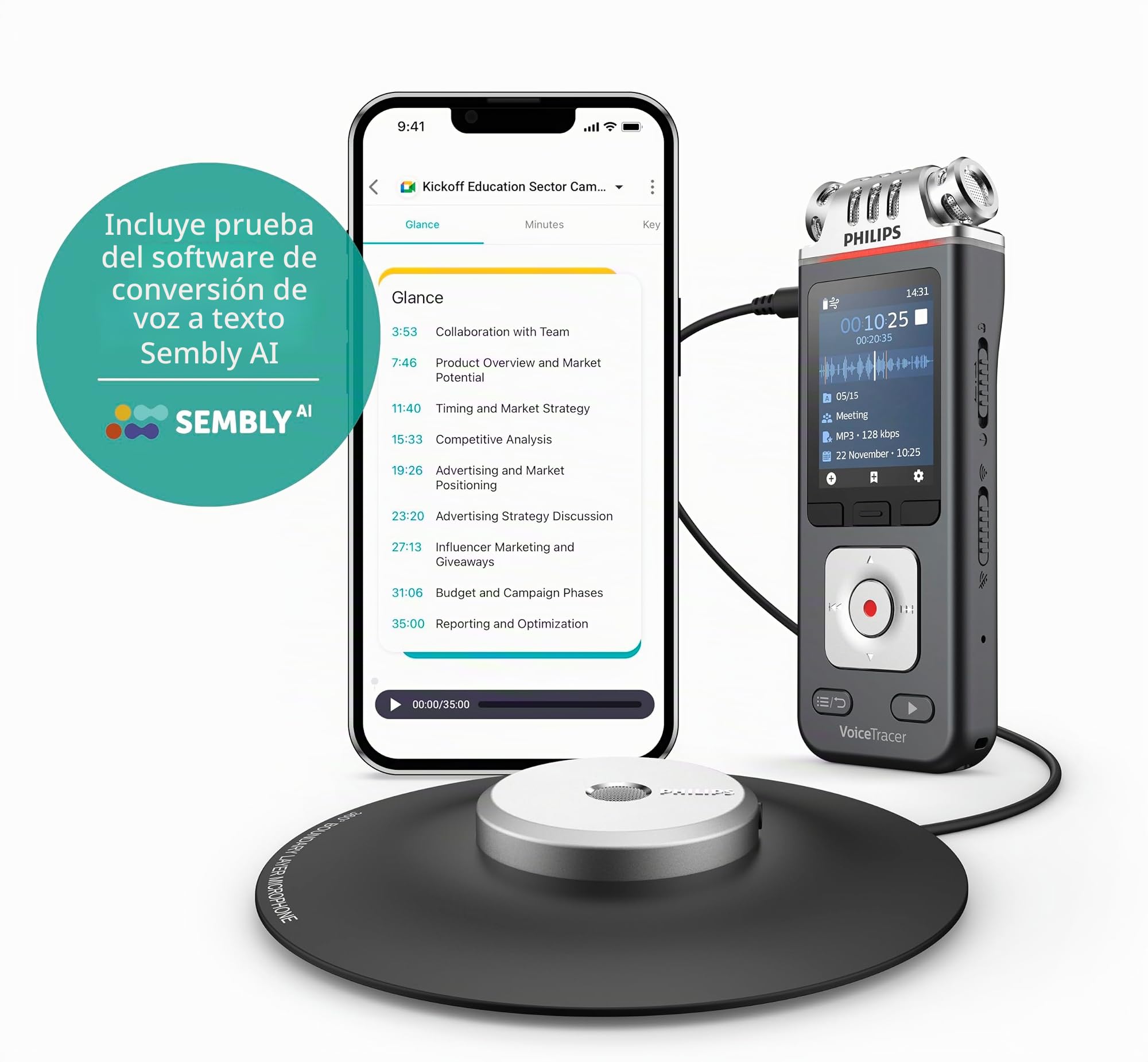 Philips Grabadora de reuniones DVT8115 con micrófono de reunión de 360° y reconocimiento de Voz en la Nube basado en IA Sembly