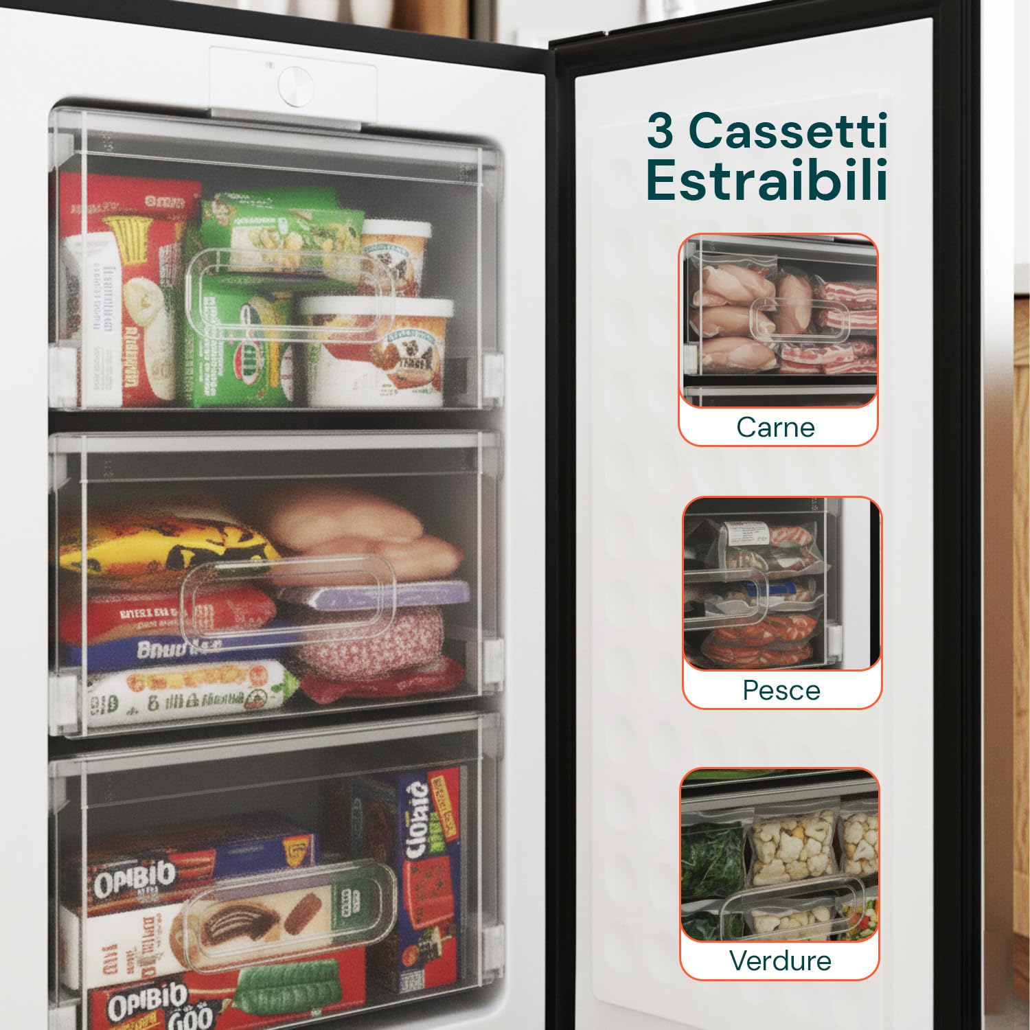 Avilia - Congelatore a Cassetti 80L con 3 Scomparti Estraibili e Porta Silver Elegante, Struttura Compatta da 47x44,5x83,5 cm, Facile da Posizionare e Perfetto come Congelatore Verticale