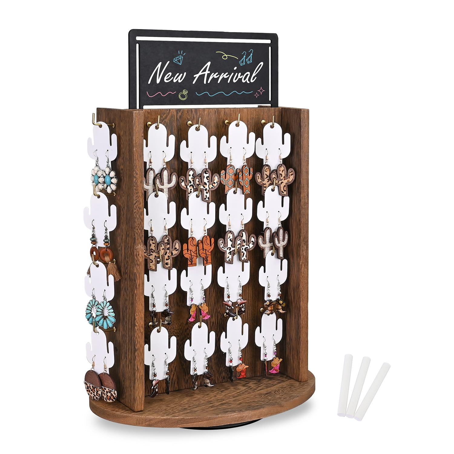 Ikee Design Wooden Rotating Jewelry Display Stand with 40 Metal Hooks, Earring Display for Vendors Selling with Advertising Board, Earring, Bracelet, Keychain Rack Holder, Brown Color
