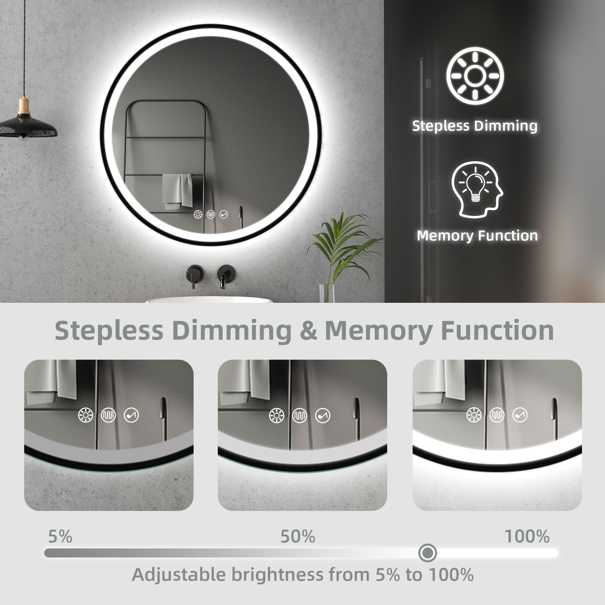 STARLEAD Specchio-Rotondo-Bagno-con-Luce 80cm Diametro, Specchio-Bagno-LED con Dimmerabile, 3 Temperature Colore, Disappannamento, Bluetooth, Memoria Luce, Vetro Temperato Specchiera-Bagno IP44, Nero