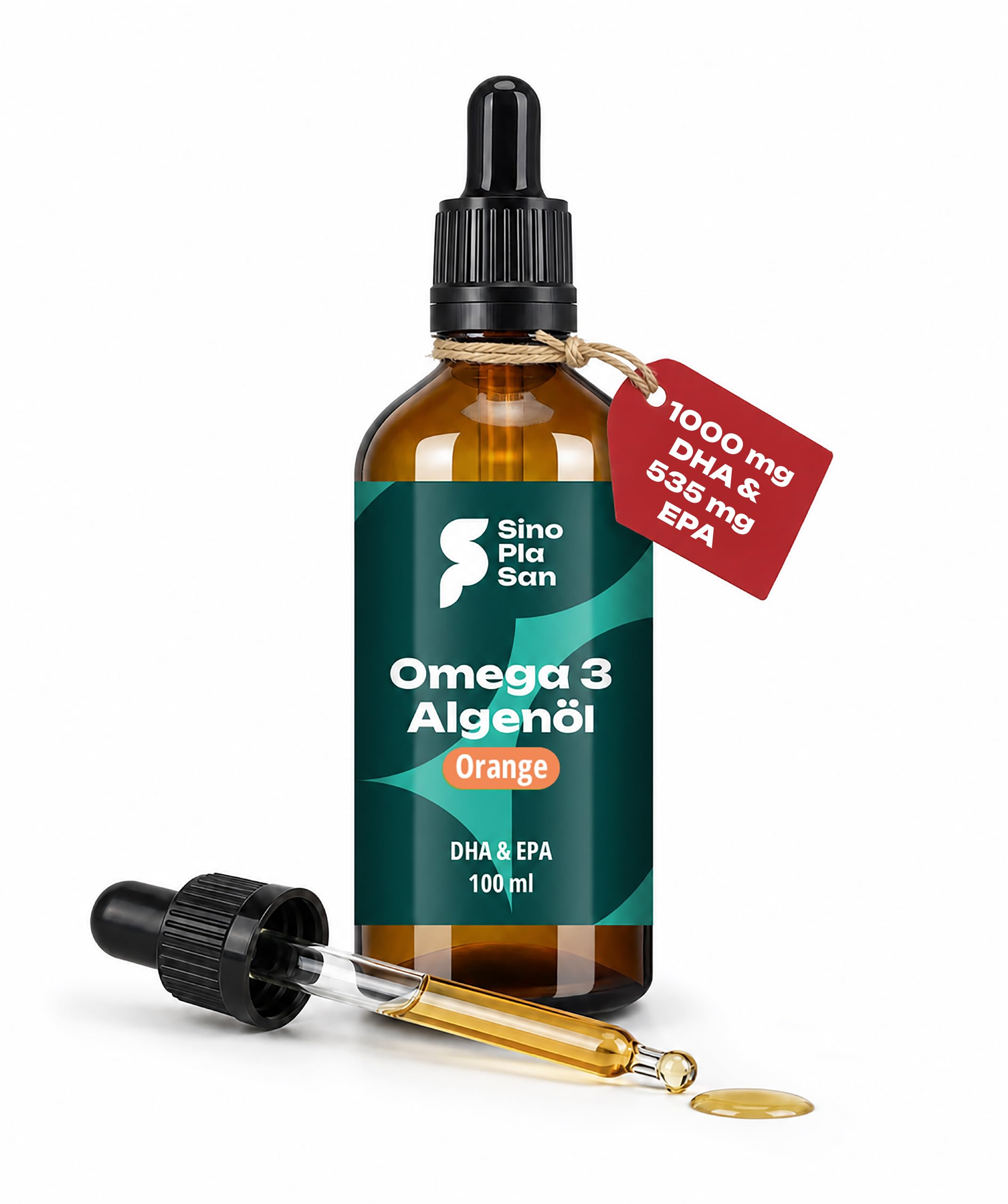 SinoPlaSan Premium Omega 3 Algenöl vegan hochdosiert 100ml mit Orangennote | Mit 1000mg DHA und 535 EPA für Herz, Gehirn und Sehkraft - Made in Germany