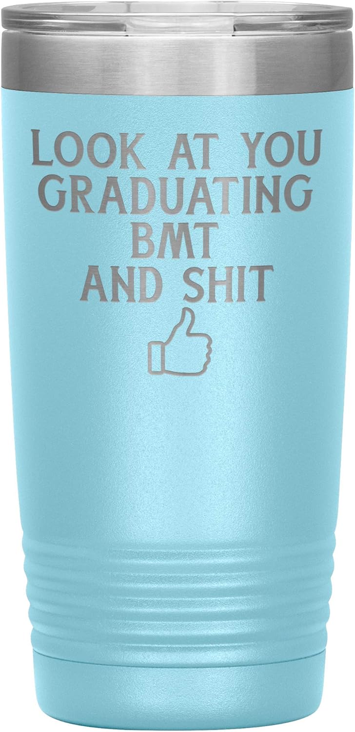 BMT Graduation Gift for Basic Military Training Graduates 20 oz Insulated Tumblers Bootcamp Celebration for Air Force, Army, Navy BMT Grad Gifts for Men Travel Cups for Hot and Cold-Light Blue