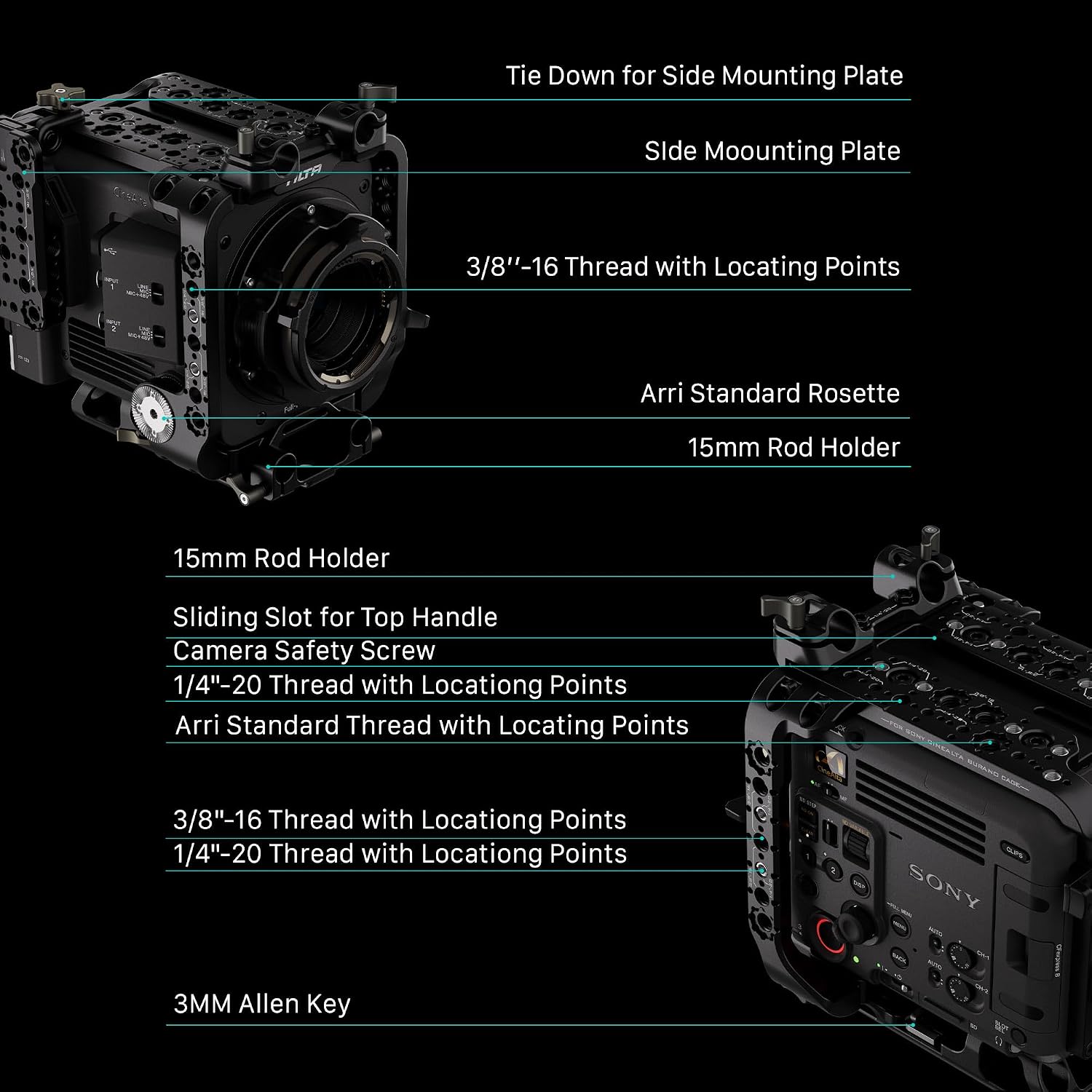 Tilta Camera Cage Compatible with Sony BURANO | Arri Rosettes, 1/4"-20 and 3/8"-16 Threads | w/Top Handle, Left/Right Side Arm, Battery Plate (Advanced Kit - Gold Mount)