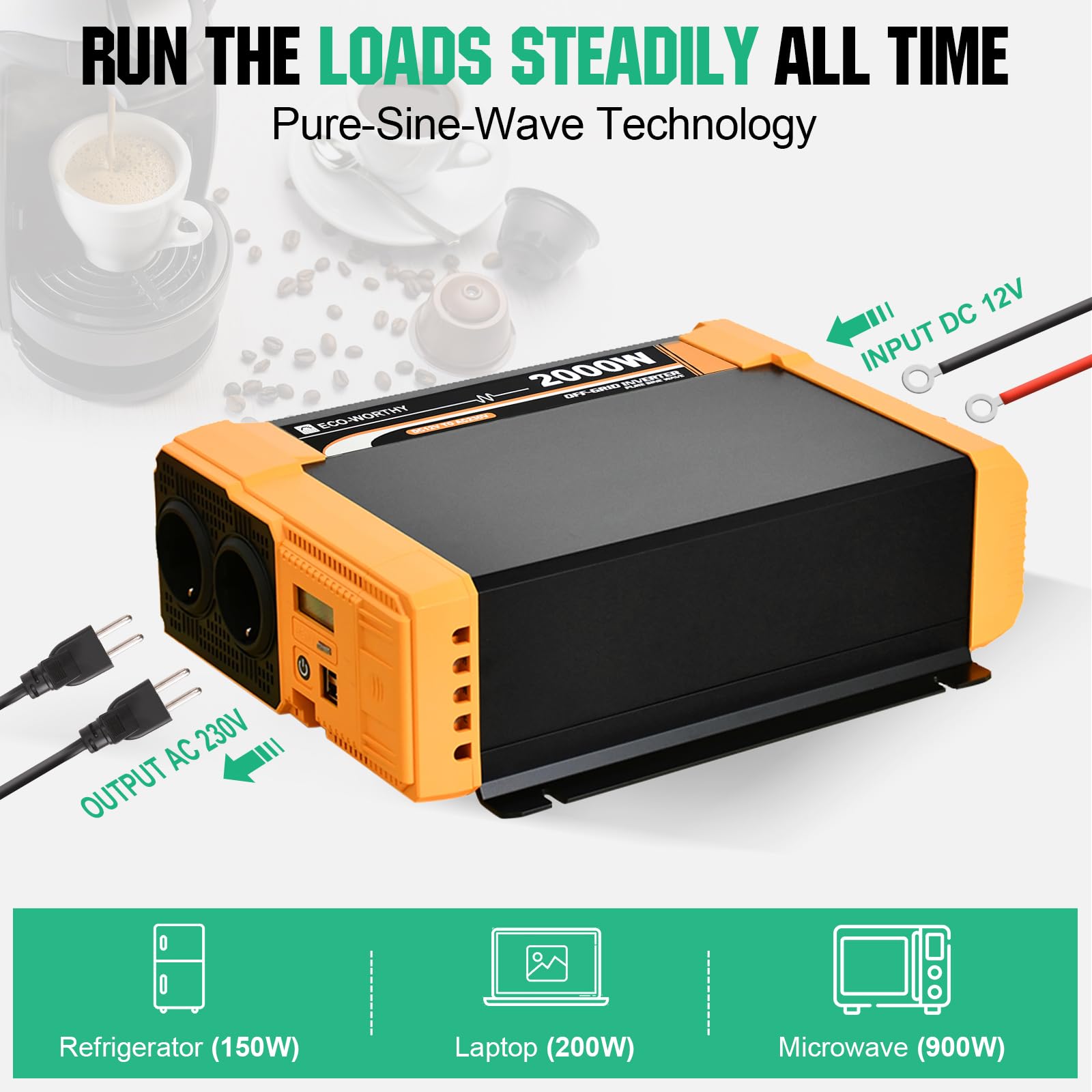 ECO-WORTHY Wechselrichter 12v auf 230v Reiner Sinus, Wechselrichter 2000w, Spannungswandler eingebauter Dual 18W USB-Anschluss, 2 * AC-Steckdosen, 1 * Hardwire-Klemmen und 1 * 100A Sicherung